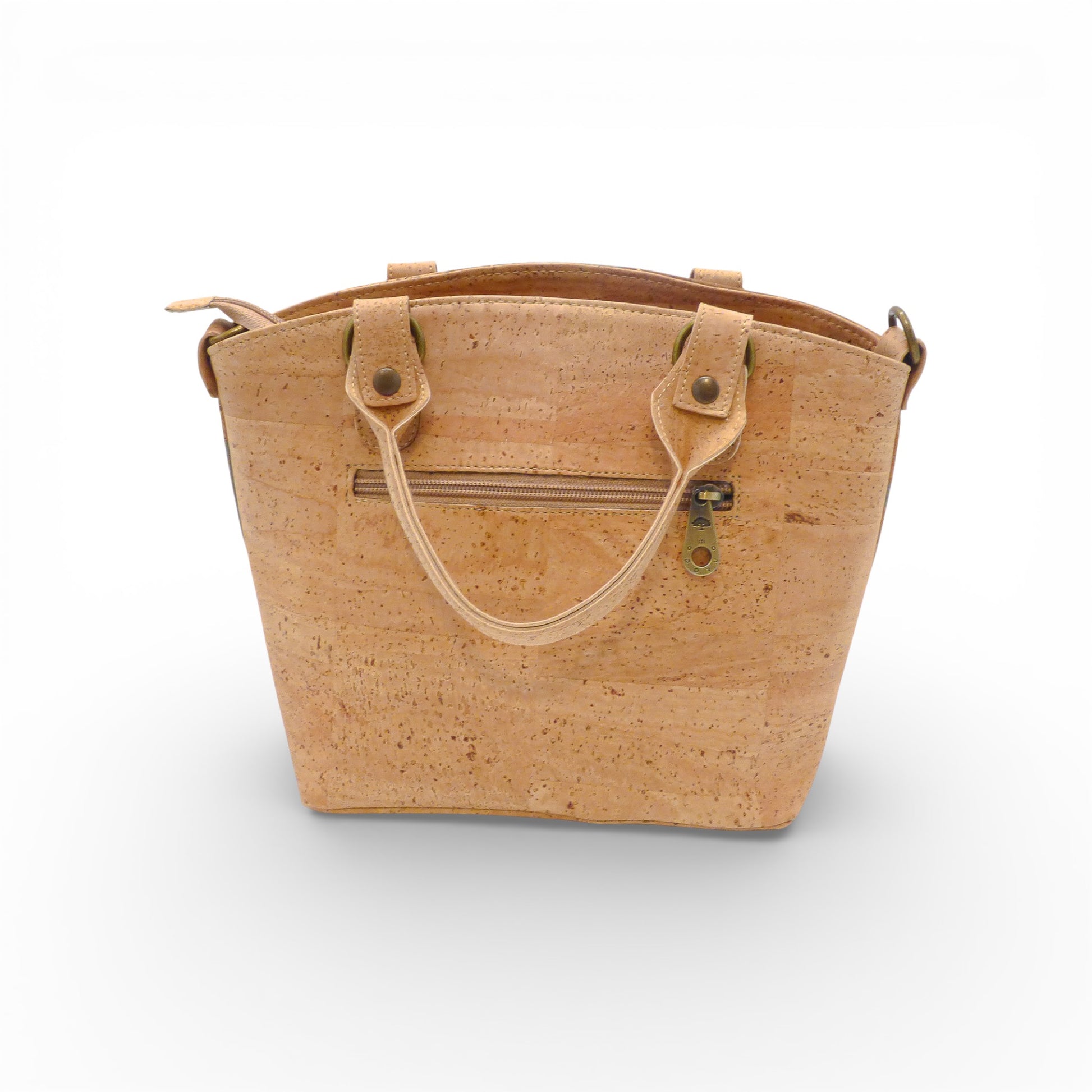 Montado natural cork handbag featuring a zippered pocket on the back for stylish and functional storage.
