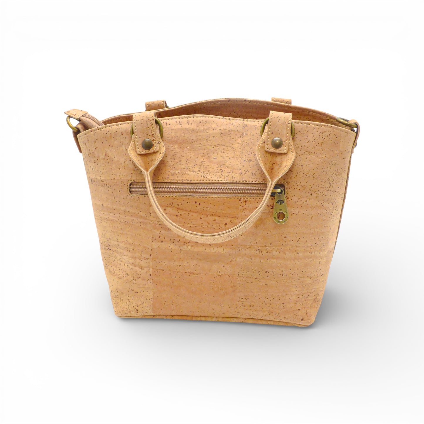 Natural cork tote bag by Montado featuring a secure pocket, viewed from the back.