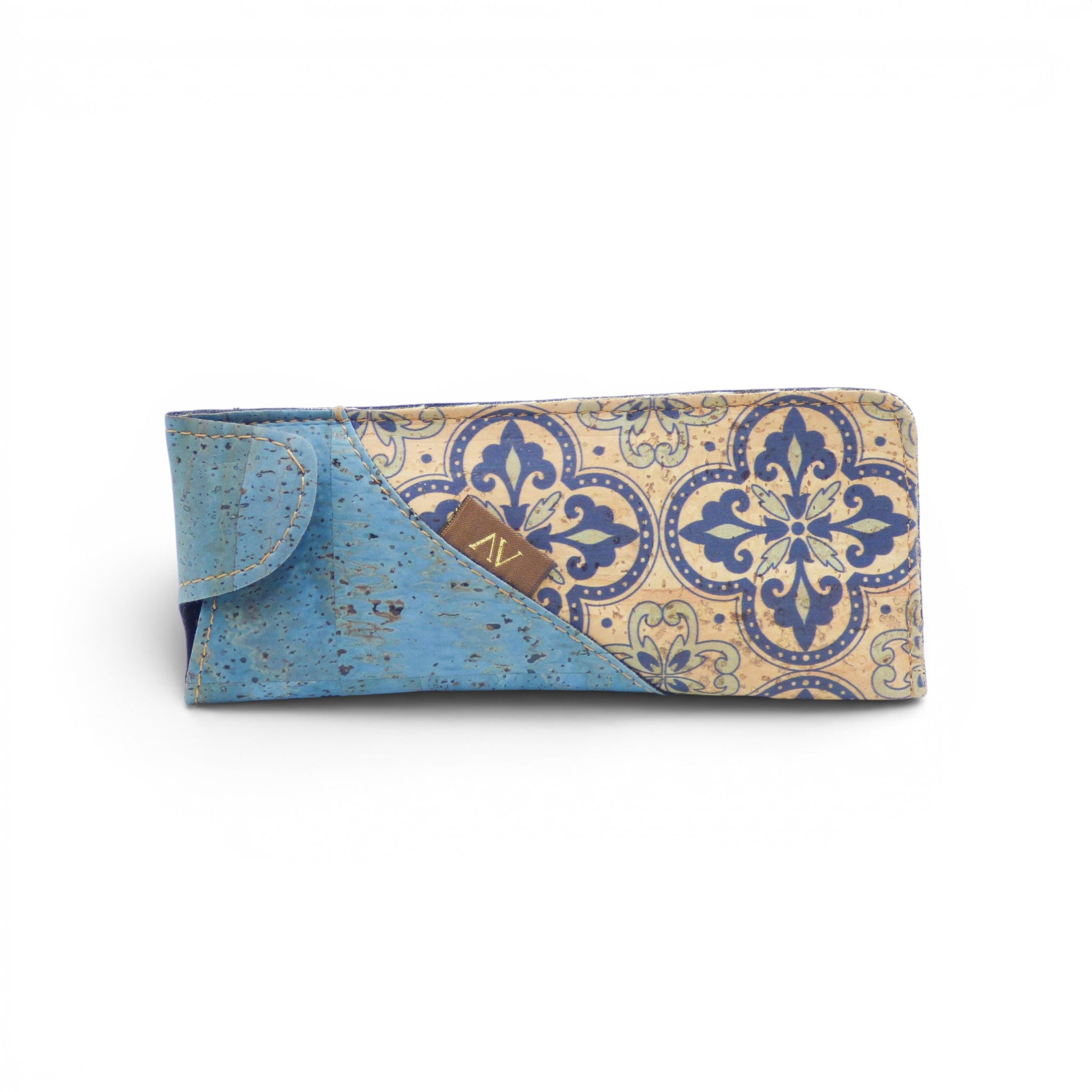 Étui à lunettes en liège avec motif azulejo bleu et naturel, accessoire vegan Portugal