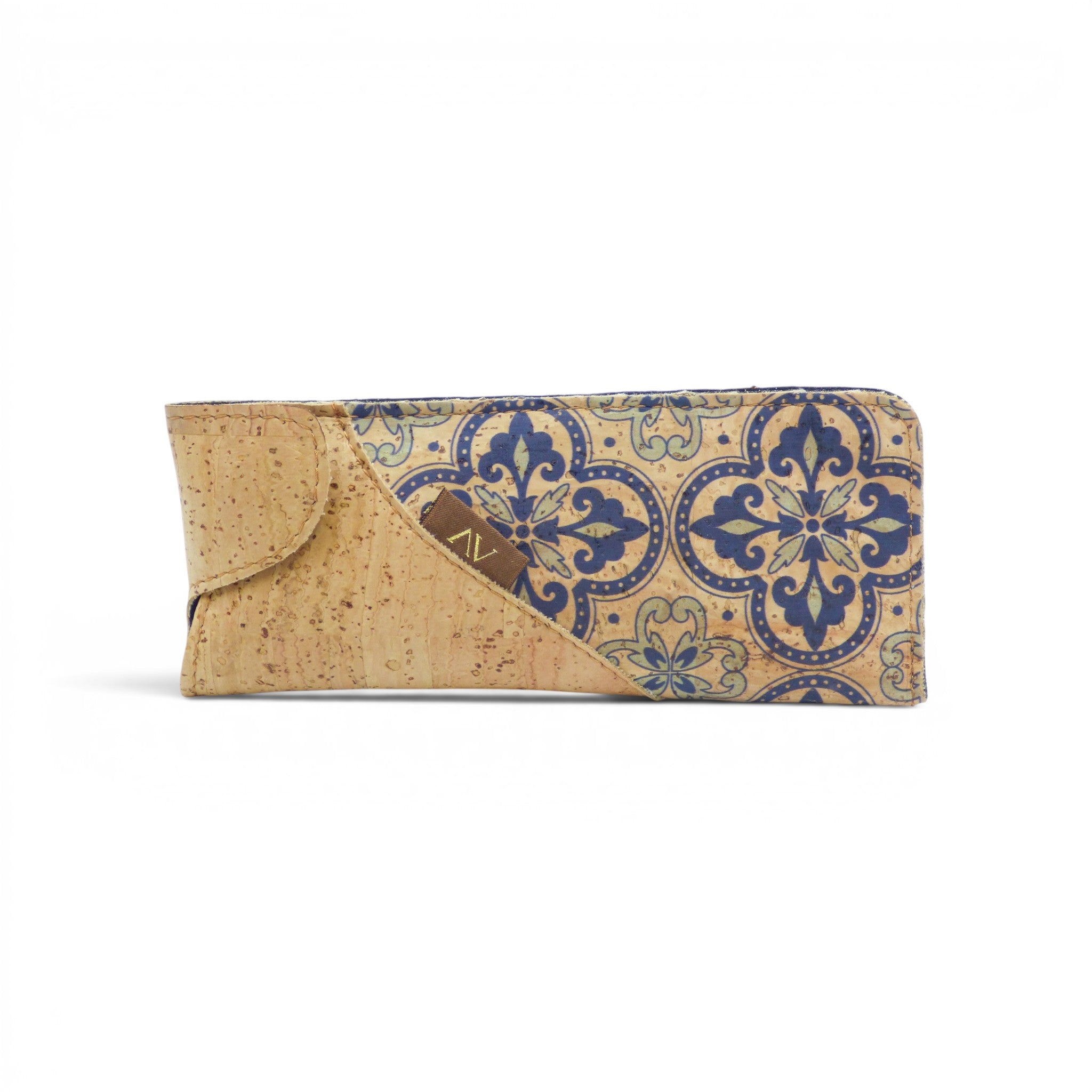 Étui lunettes liège Fleur Bleu motif azulejo, accessoire vegan écologique