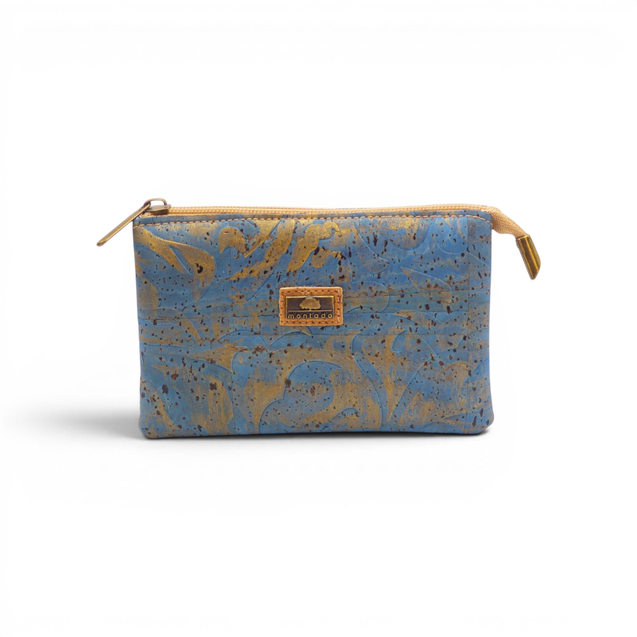 Porte-monnaie zippé liège floral baroque bleu or, motif baroque luxe