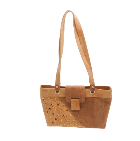 Sac cabas Étoile Liège d'Elenco, sac sur l'épaule en tissu liège avec motif étoilé, vue de face sur fond neutre.