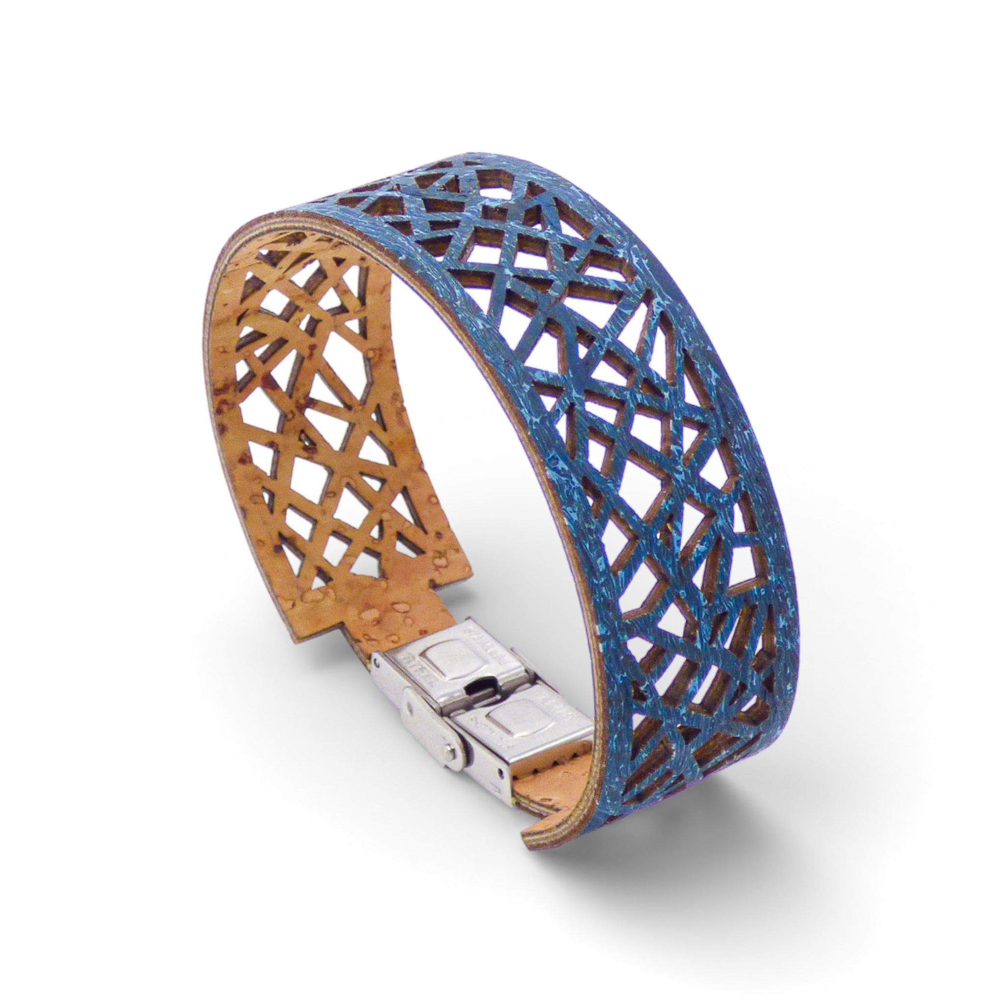 Geometric cuff bracelet in blue-green cork by Cork Colors, showcasing intricate cutout design for women.