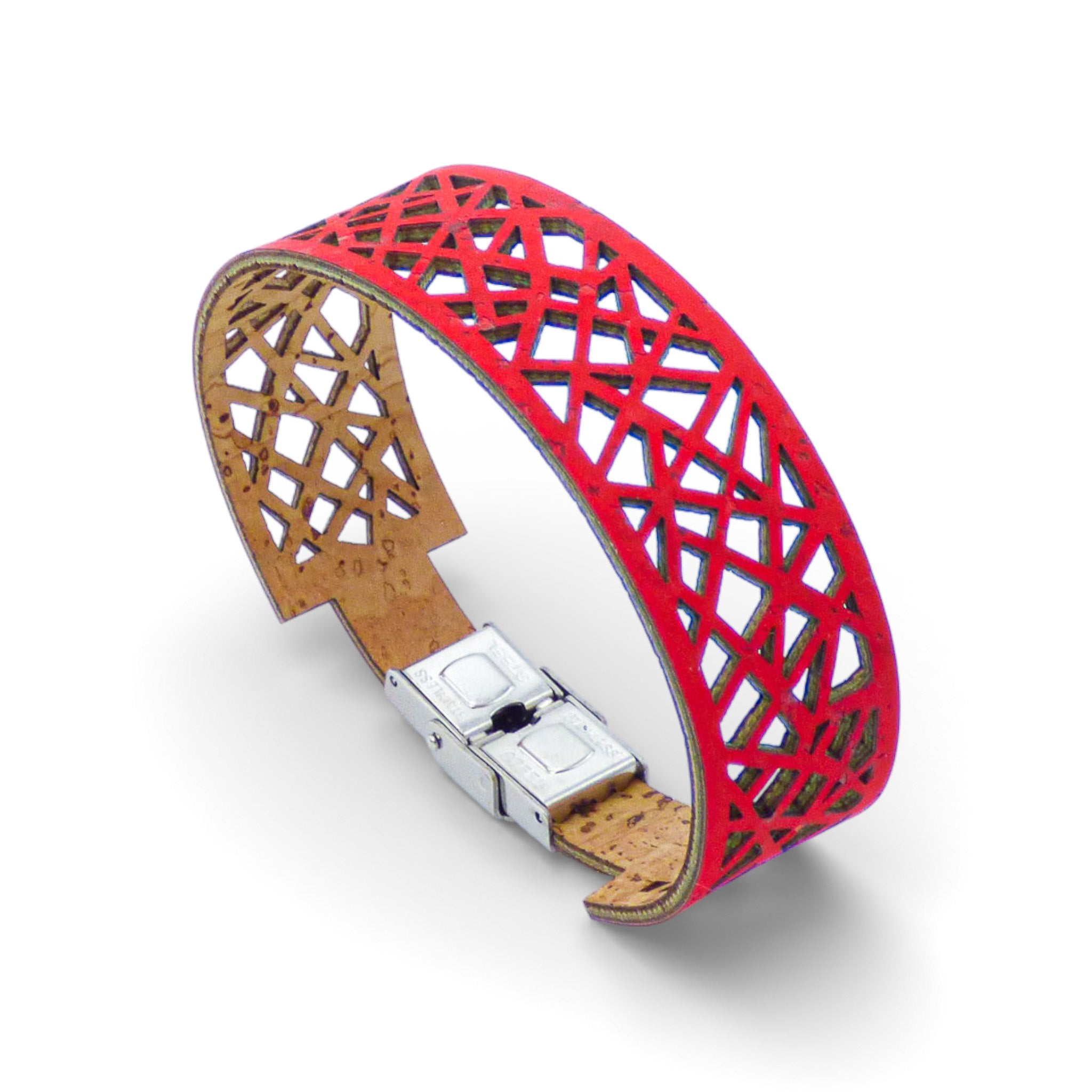 Bracelet manchette en liege rouge et bleu - motif geometrique - Cork Colors
