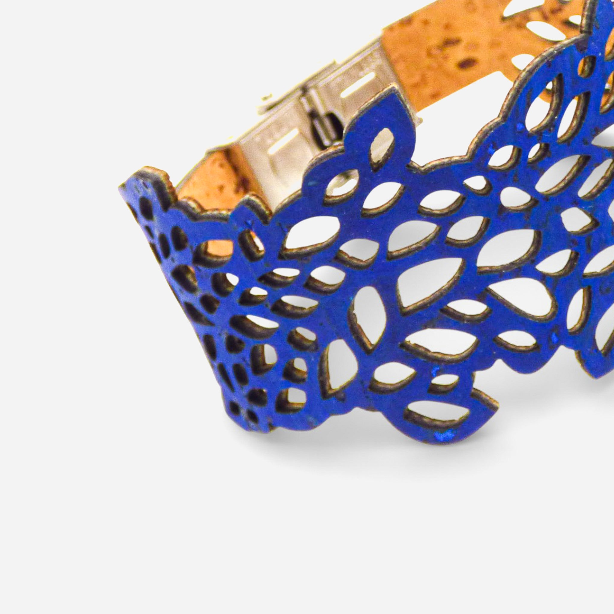 Blue electric lace-patterned cork bracelet for women by Cork Colors, showcasing intricate foliage design.