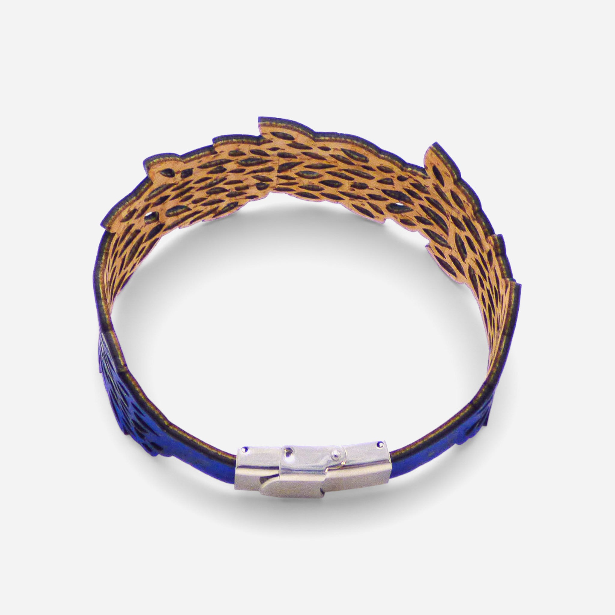 Electric blue lace-patterned cork bracelet for women by Cork Colors, showcasing intricate foliage design.