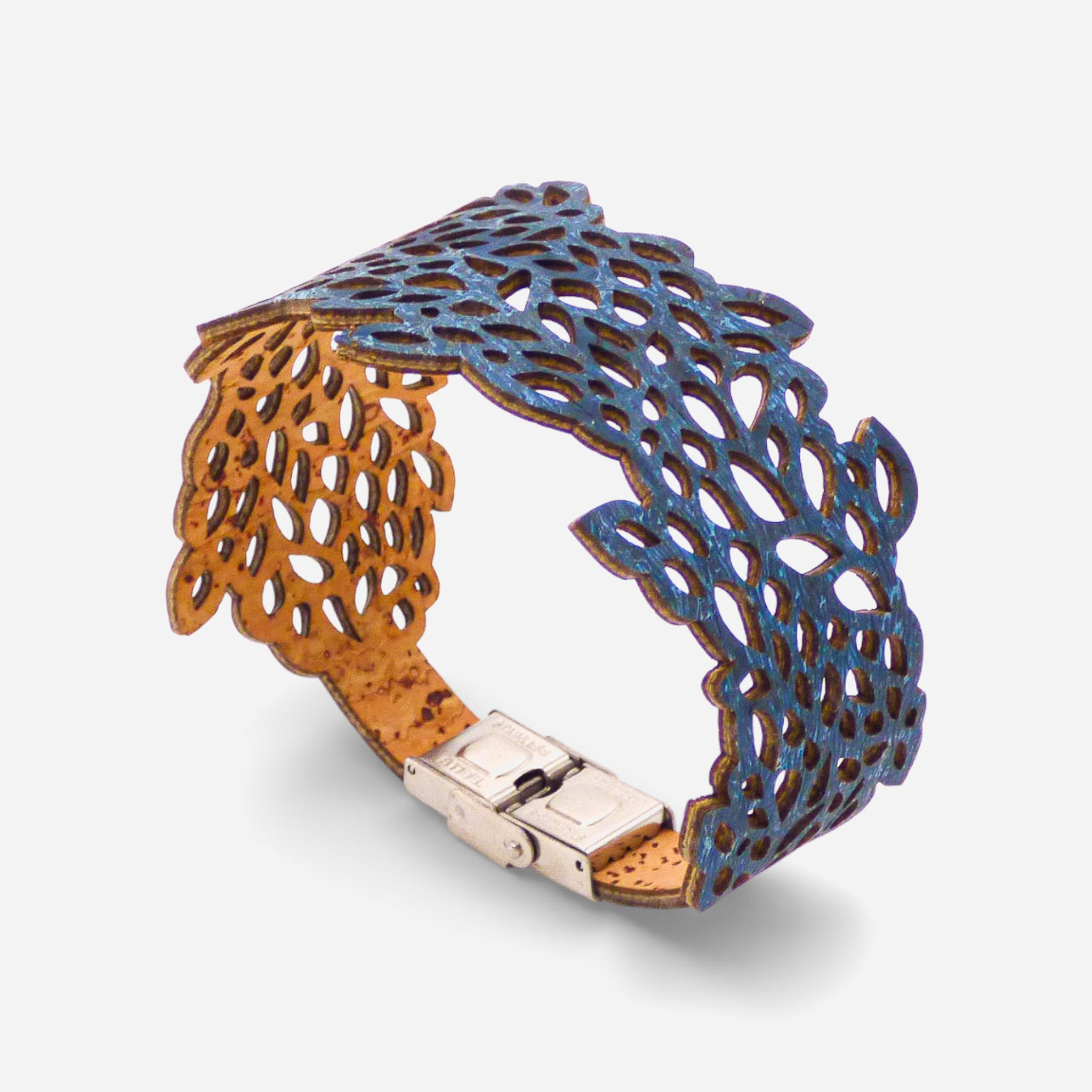 Dark blue lace leaf patterned women's cork bracelet by Cork Colors showcased on a neutral background.