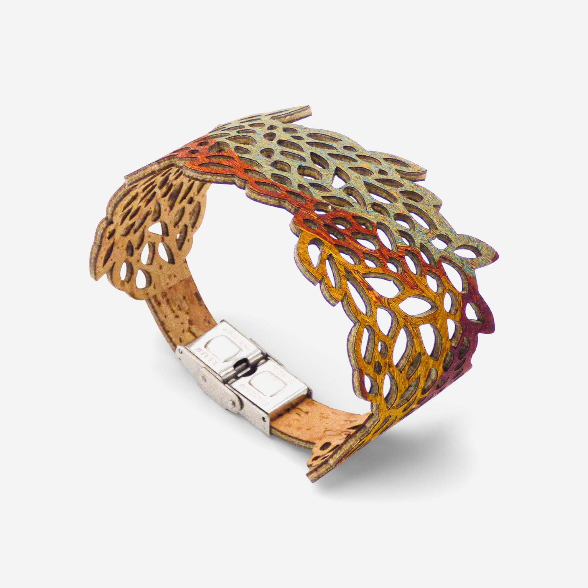 Manchette en liège avec motif feuillage dégradé automne, bracelet femme de la marque Cork Colors.