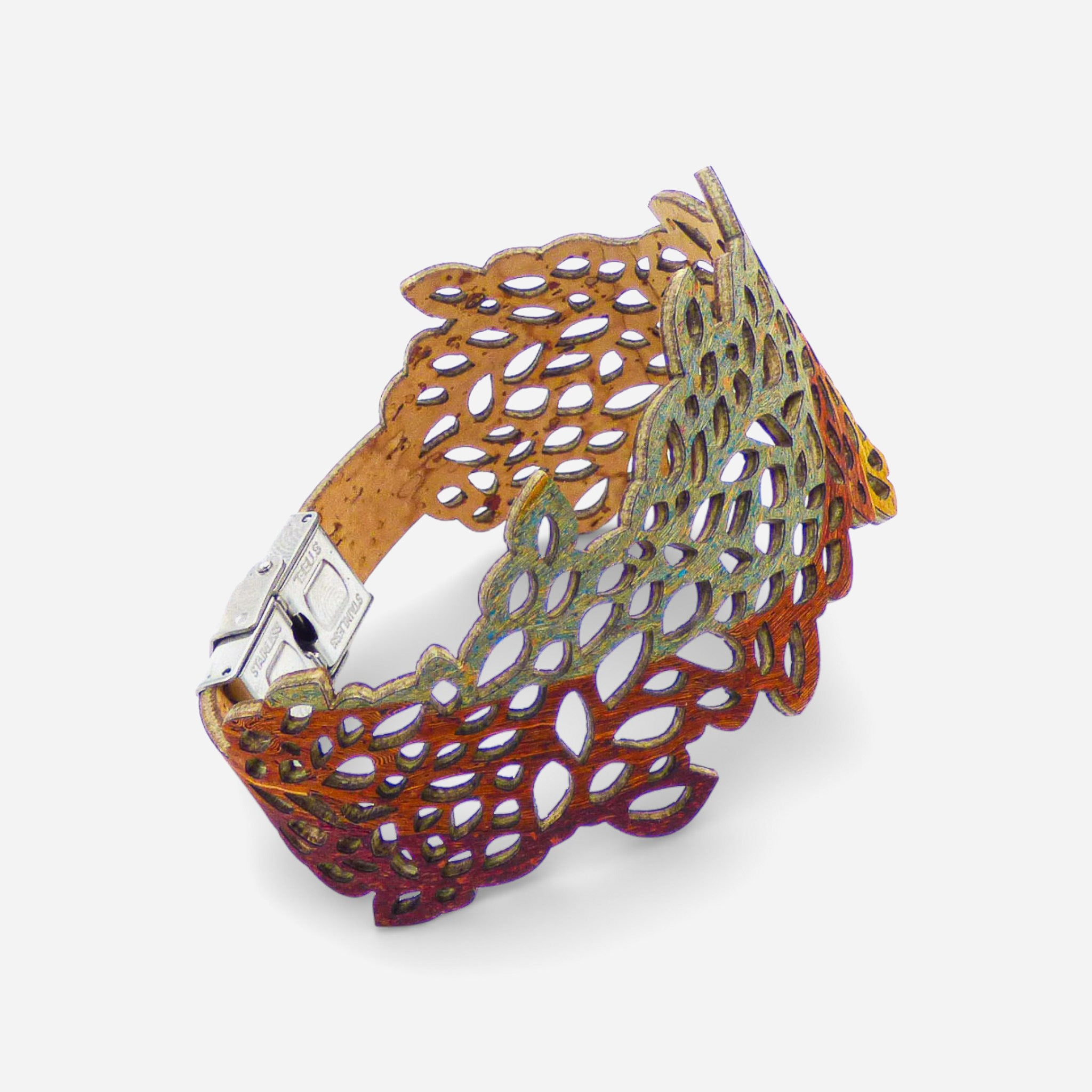 Brown and green lace-patterned cork bracelet for women by Cork Colors, featuring an autumn leaf design.