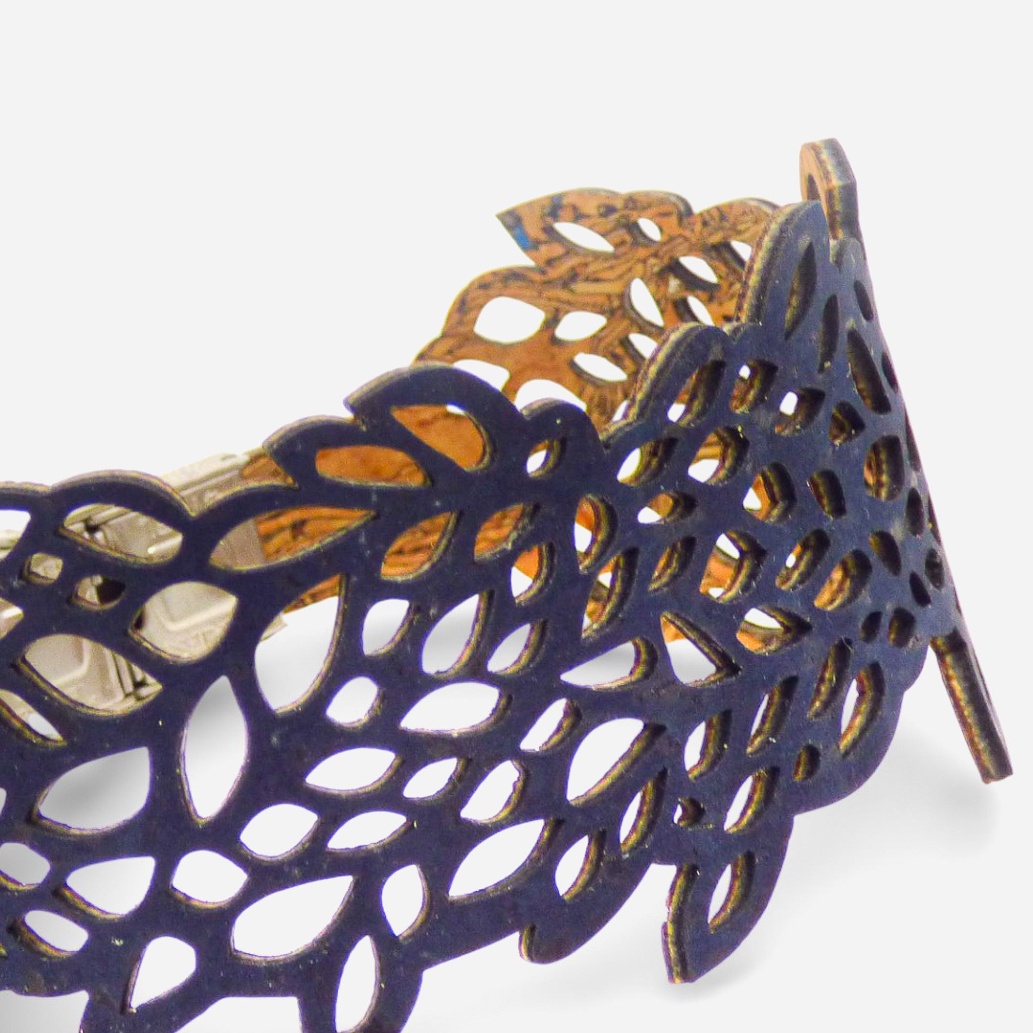 Black lace-patterned cork bracelet for women by Cork Colors, showcasing a delicate leaf design.