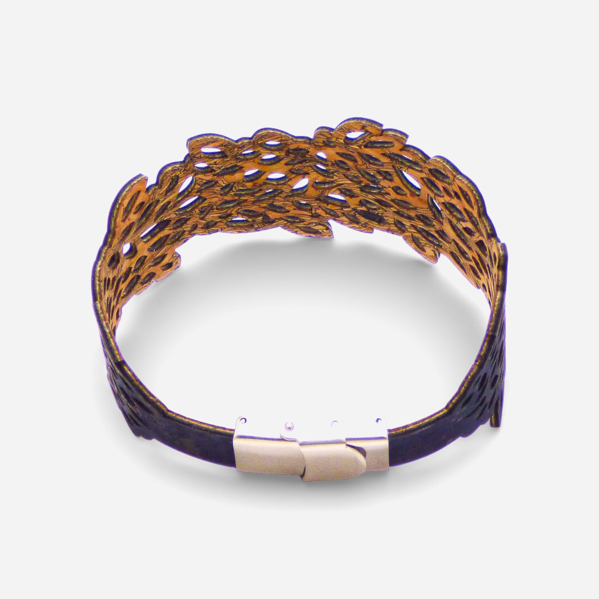 Black lace-patterned cork bracelet for women by Cork Colors, showcasing a delicate leaf design.