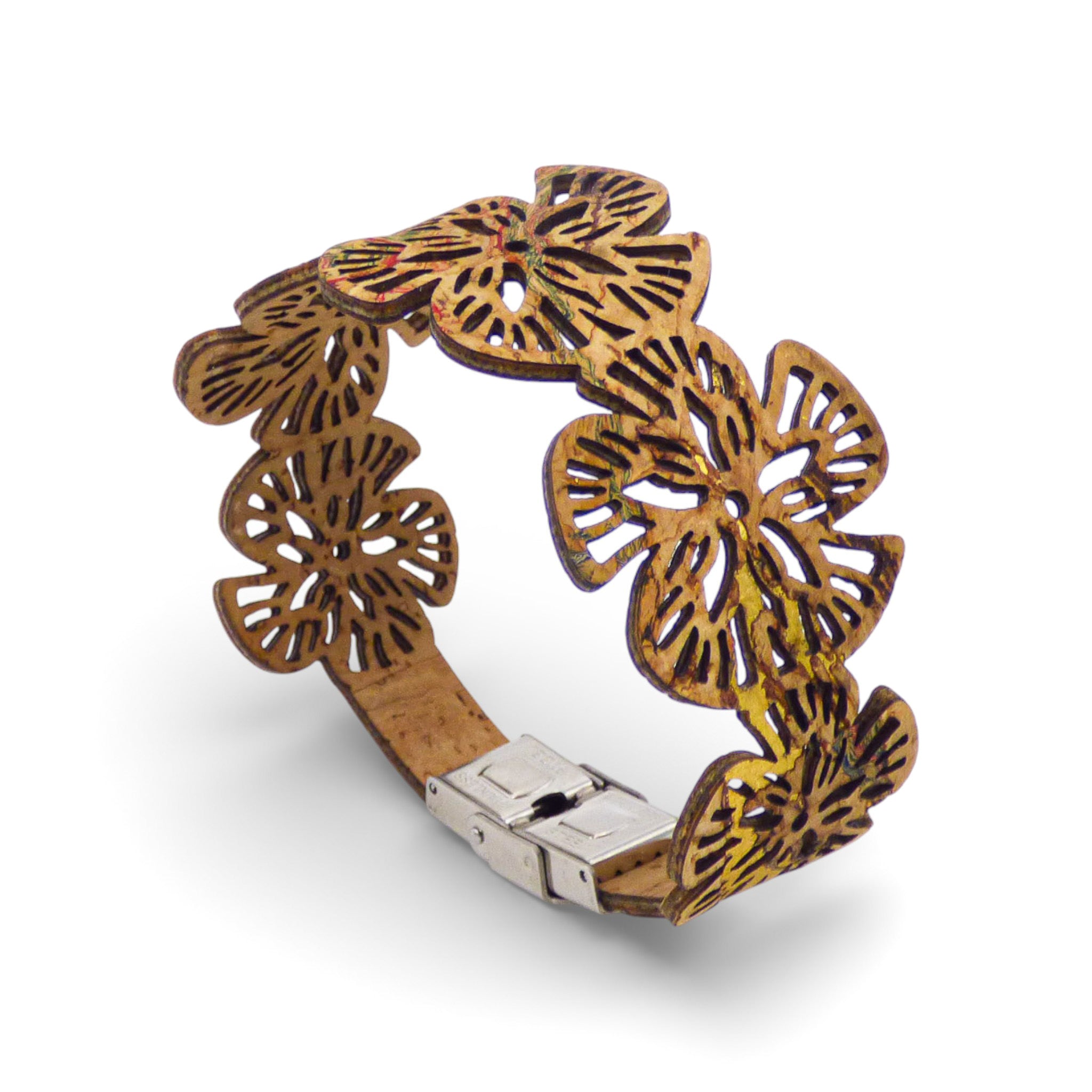 Cork Colors women’s cuff bracelet featuring a natural and red-gold design with large cutout flower motifs.