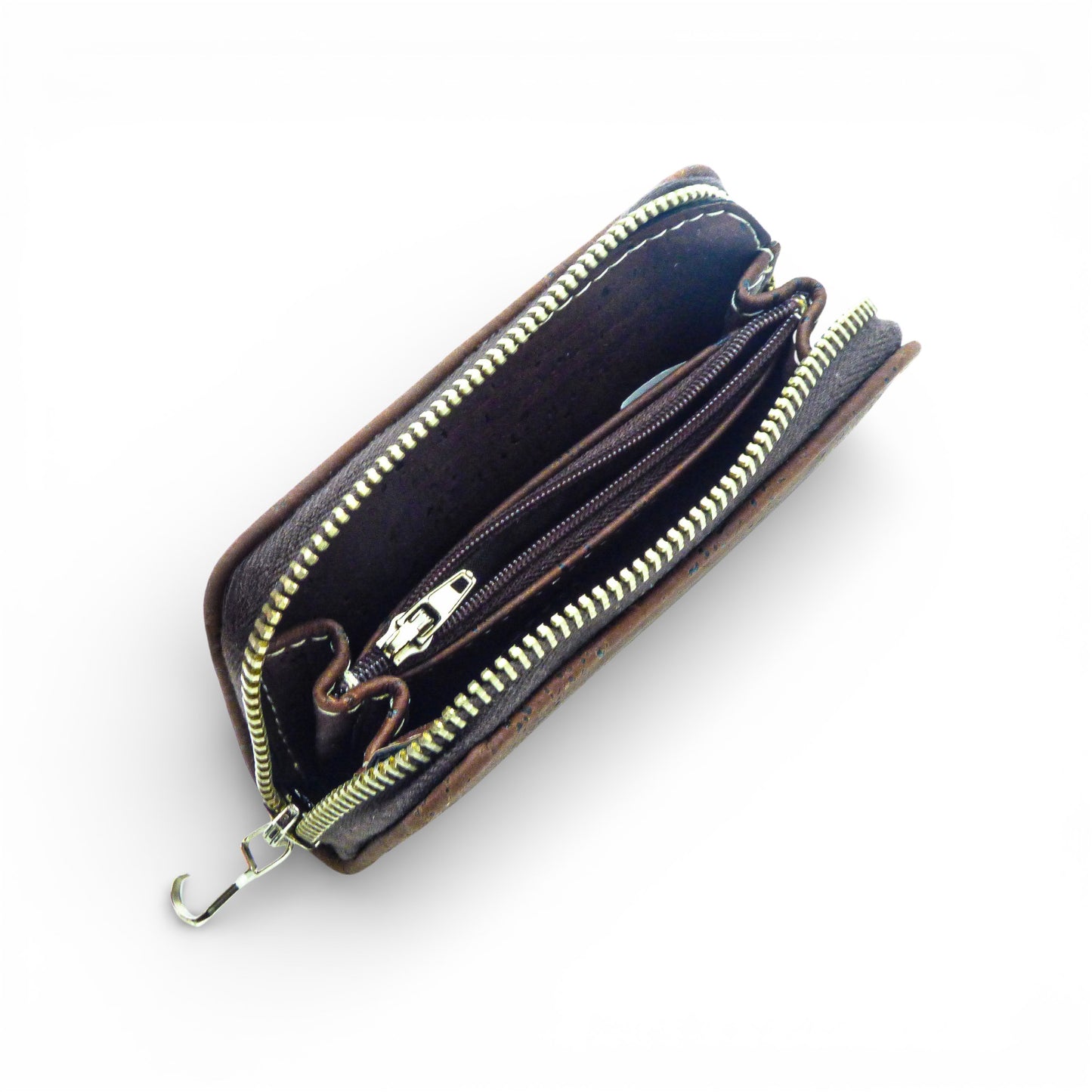 Compact brown cork wallet by Marla Pais, featuring a stylish design perfect for everyday use.