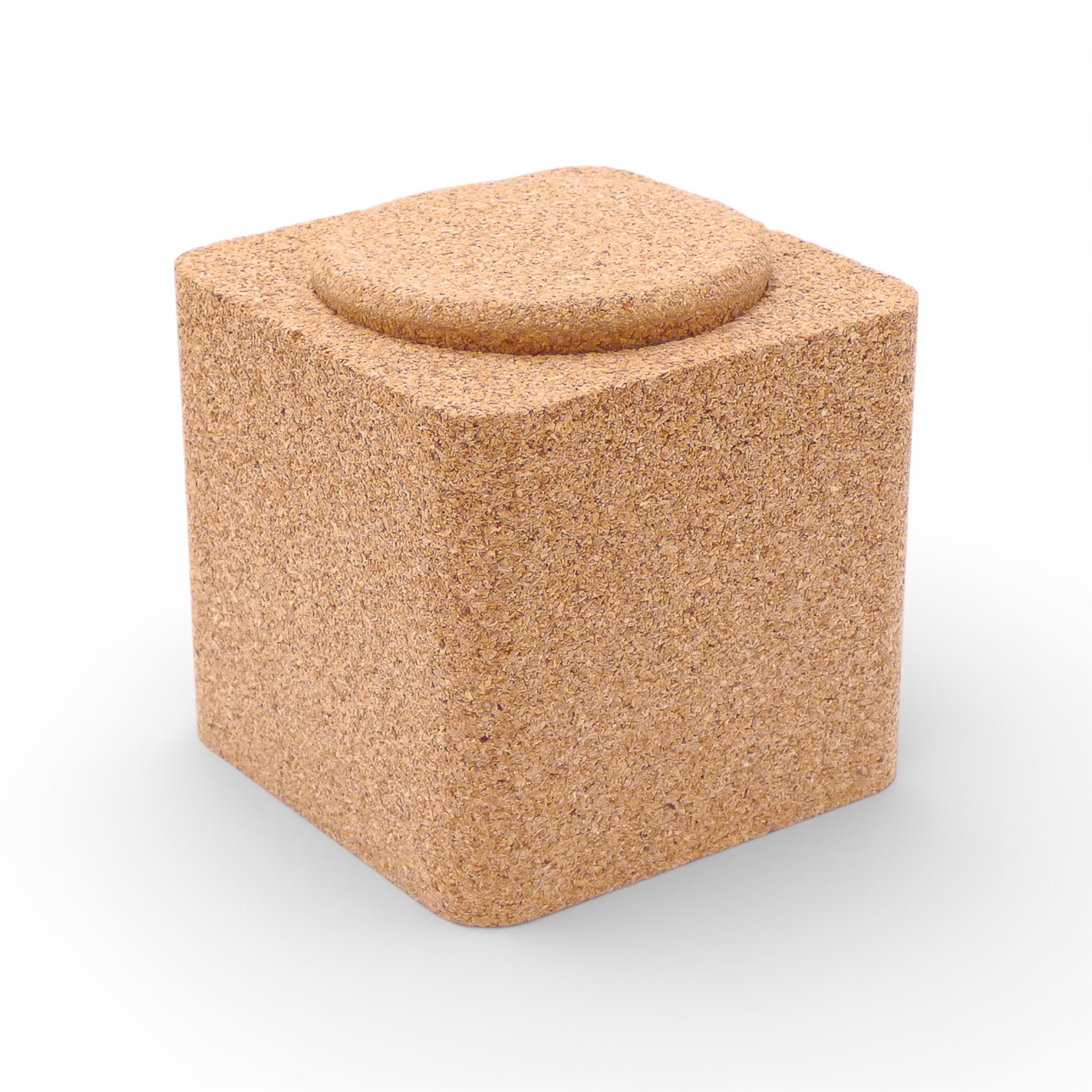 Boîte à sel cube en liège naturel fermée, couvercle en place — Valoris, vue trois-quarts, Portugal