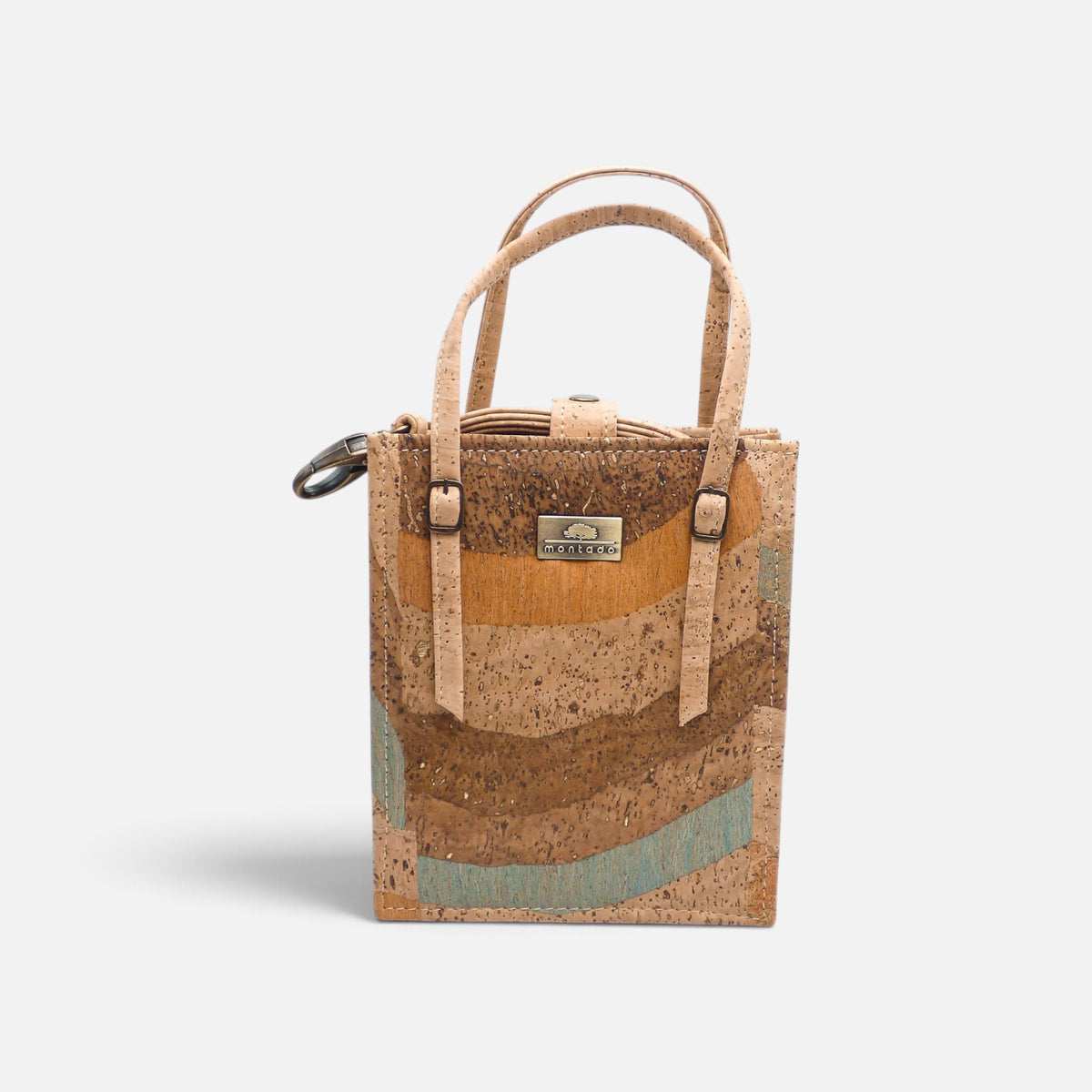 Sac cabas miniature en liège à bandes colorées, deux anses courtes et une longue
