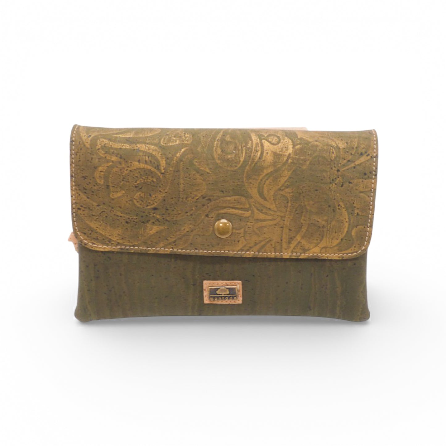 Front view of the Montado Double Poche pochette in green and gold with a flap closure.