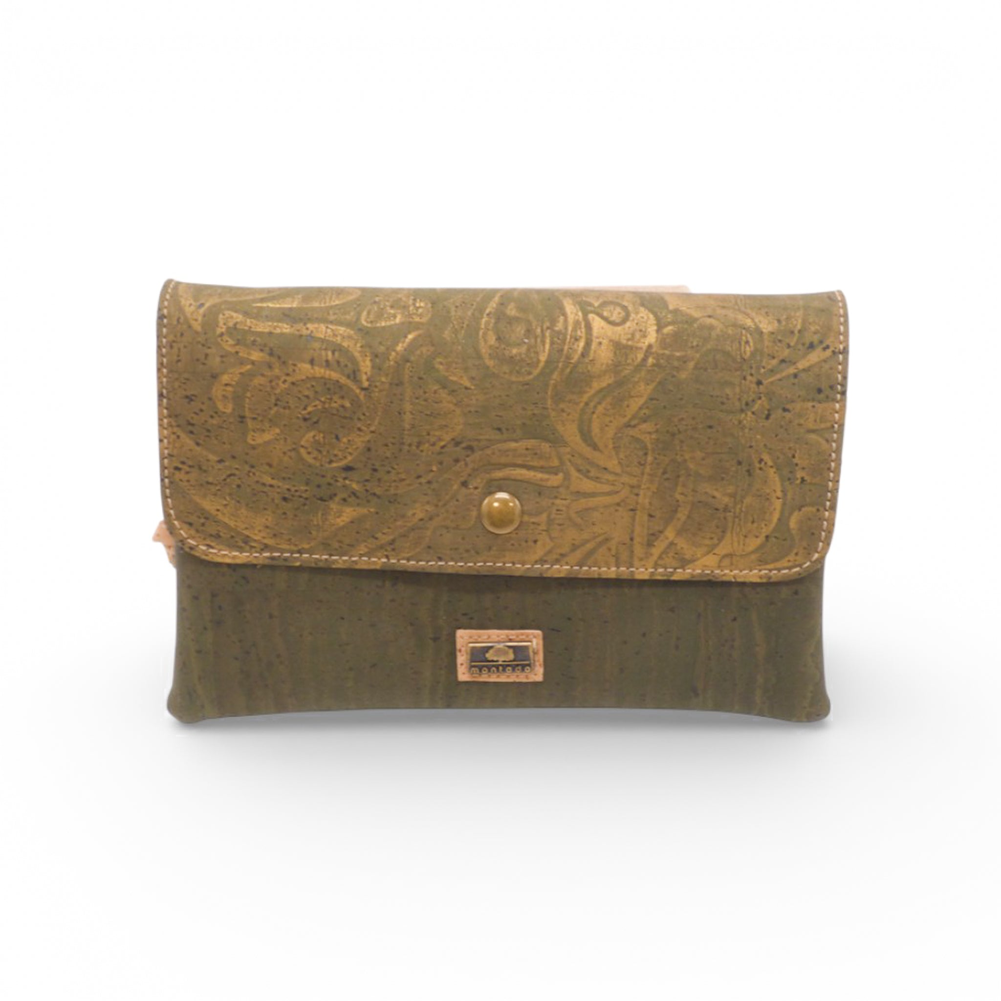 Front view of the Montado Double Poche pochette in green and gold with a flap closure.