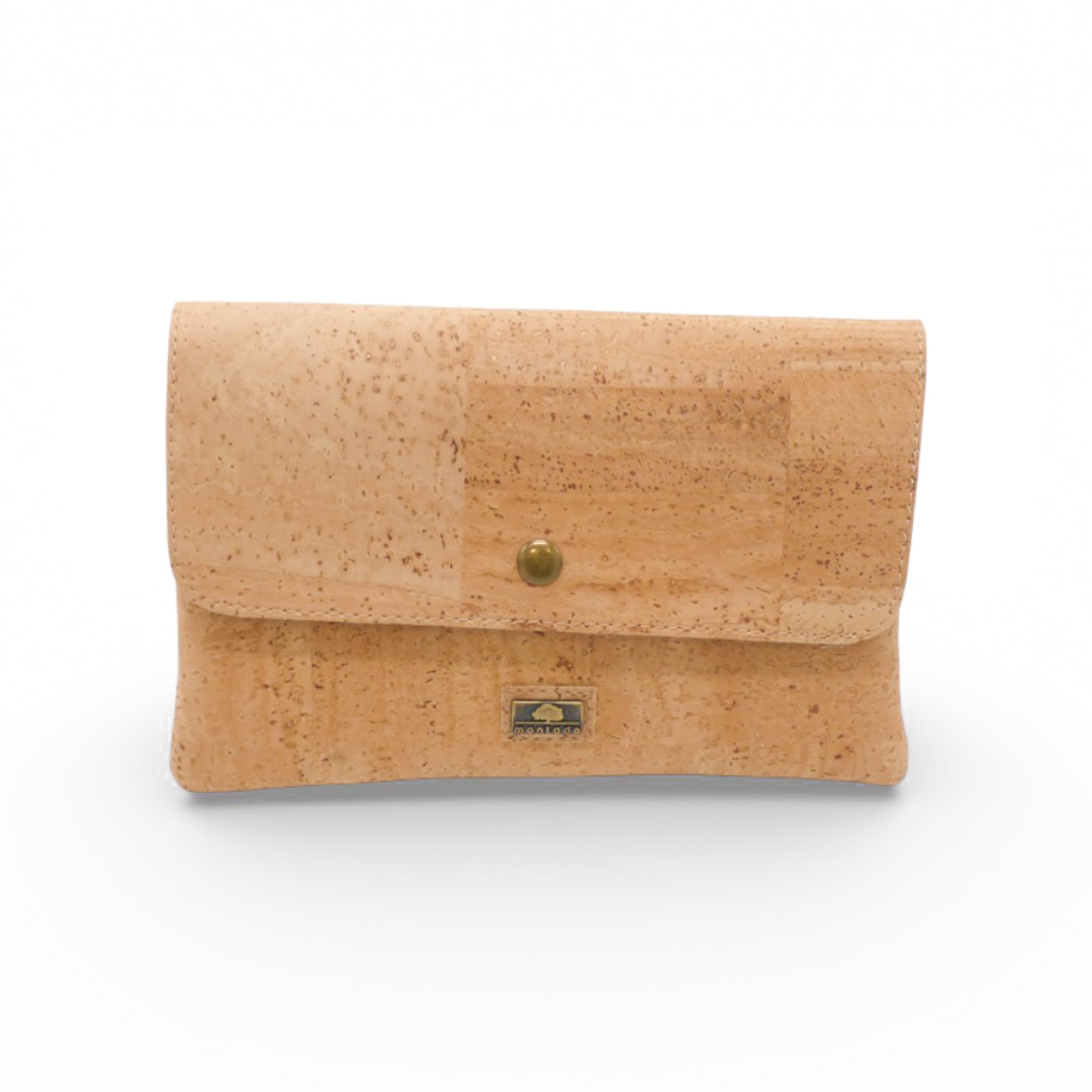Montado Double Poche pochette in natural cork with adjustable strap and front bow detail.
