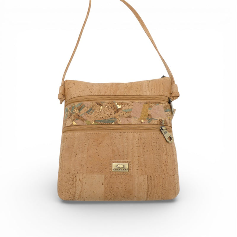 Sac bandoulière en liège naturel, bande patchwork vert et or — Montado, double zip, Portugal