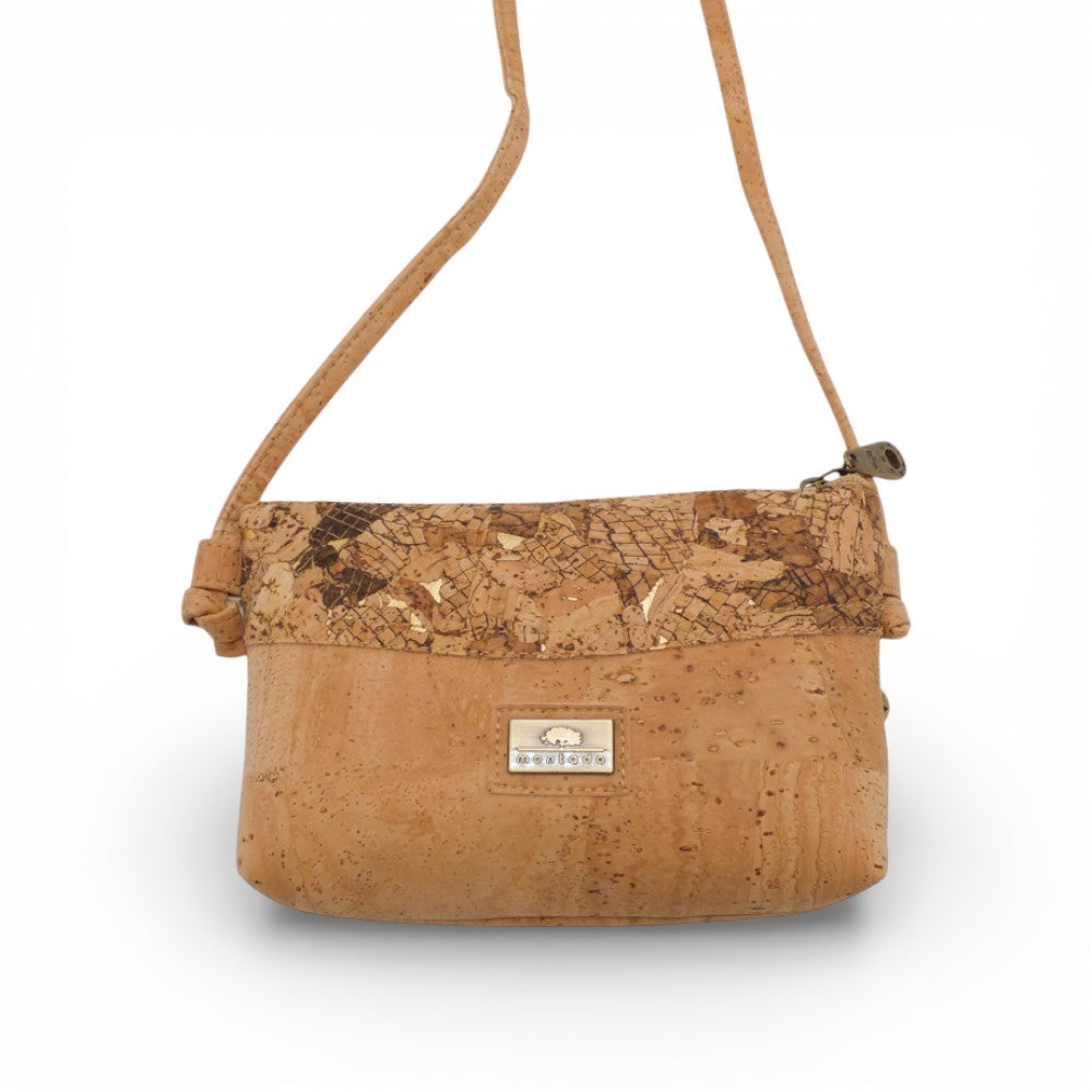Mini pochette bandeau en liège naturel, bandeau marbré brun et or — Montado, vue face, Portugal
