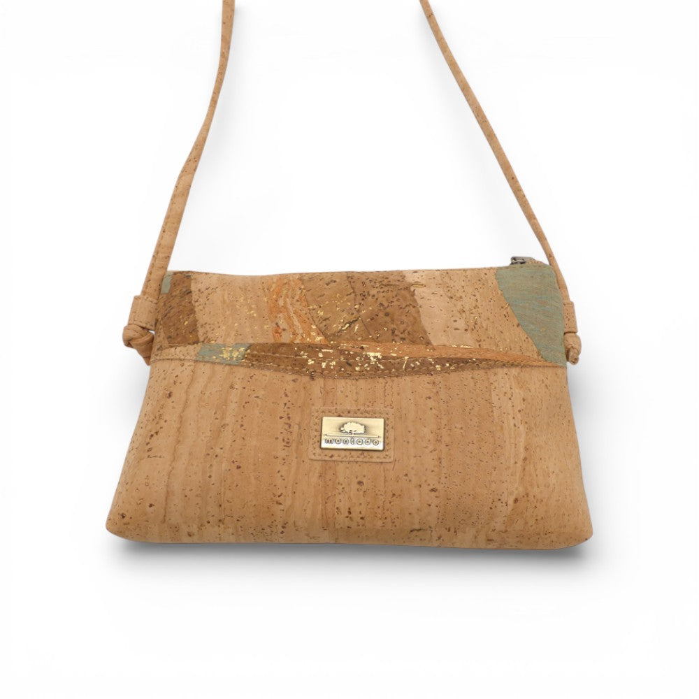 Mini pochette bandeau en liège naturel, bandeau marbré ocre et gris-vert — Montado, vue face, Portugal