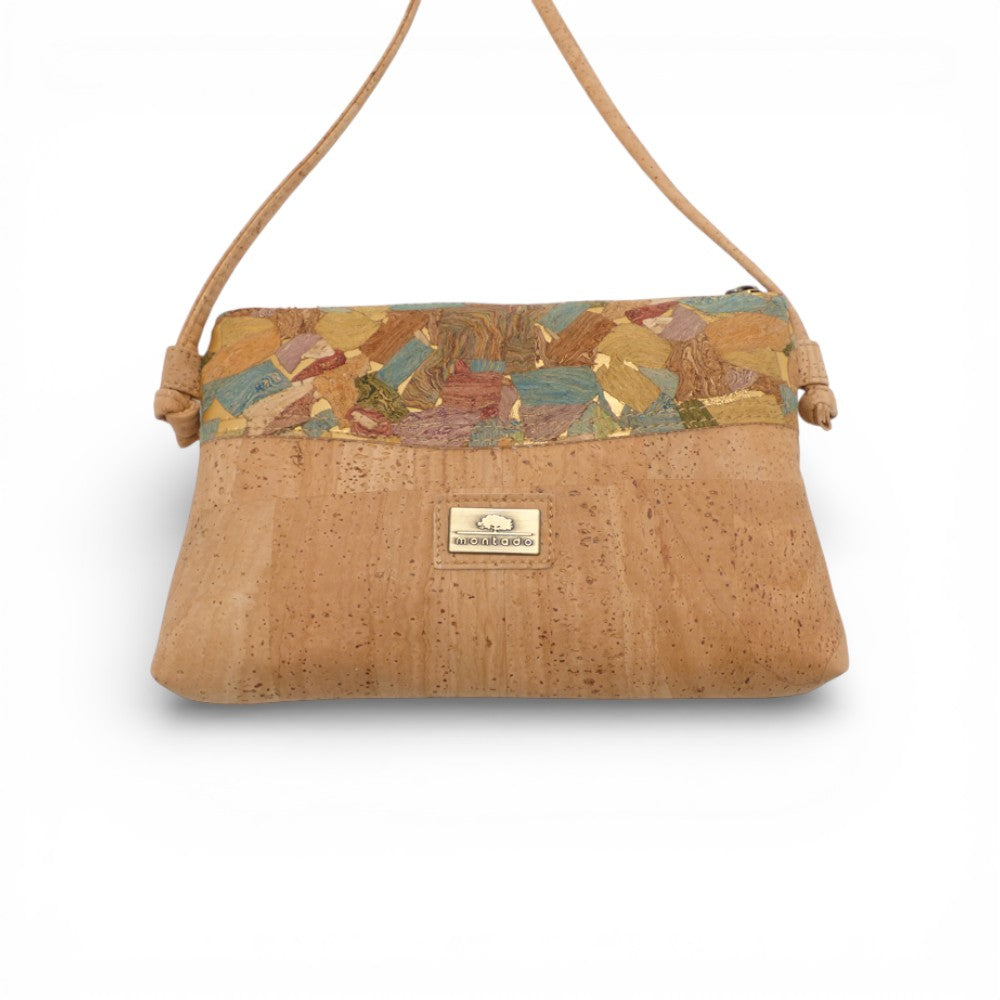 Pochette en liège, bandeau patchwork multicolore — Montado, vue de face, format moyen, Portugal