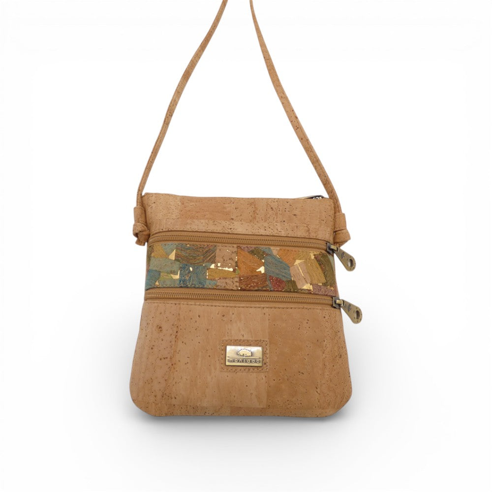 Sac bandoulière en liège naturel, bande patchwork terreux — Montado, double zip, Portugal