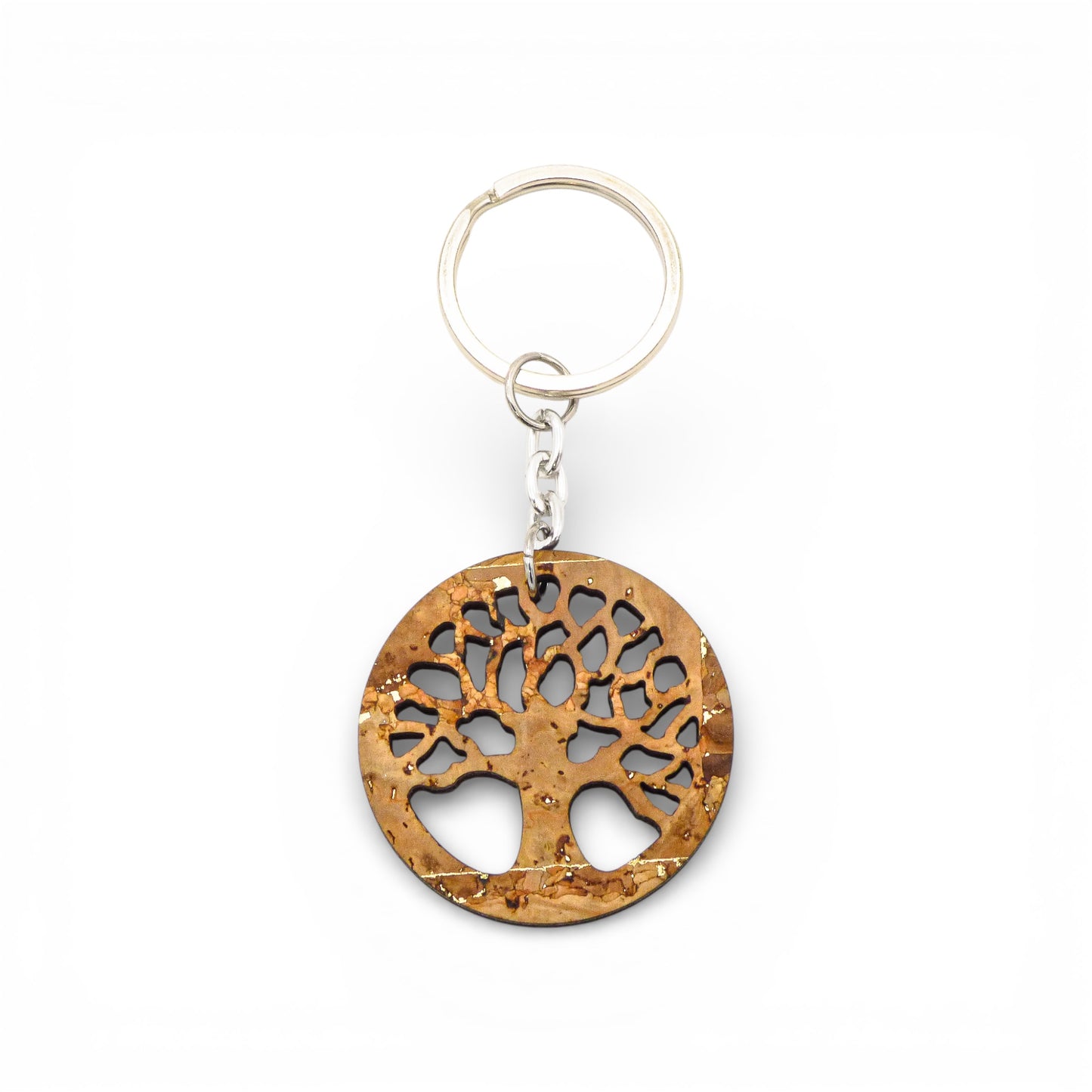 Natural cork keychain from Cork Colors featuring a tree of life design, highlighting eco-friendly materials.