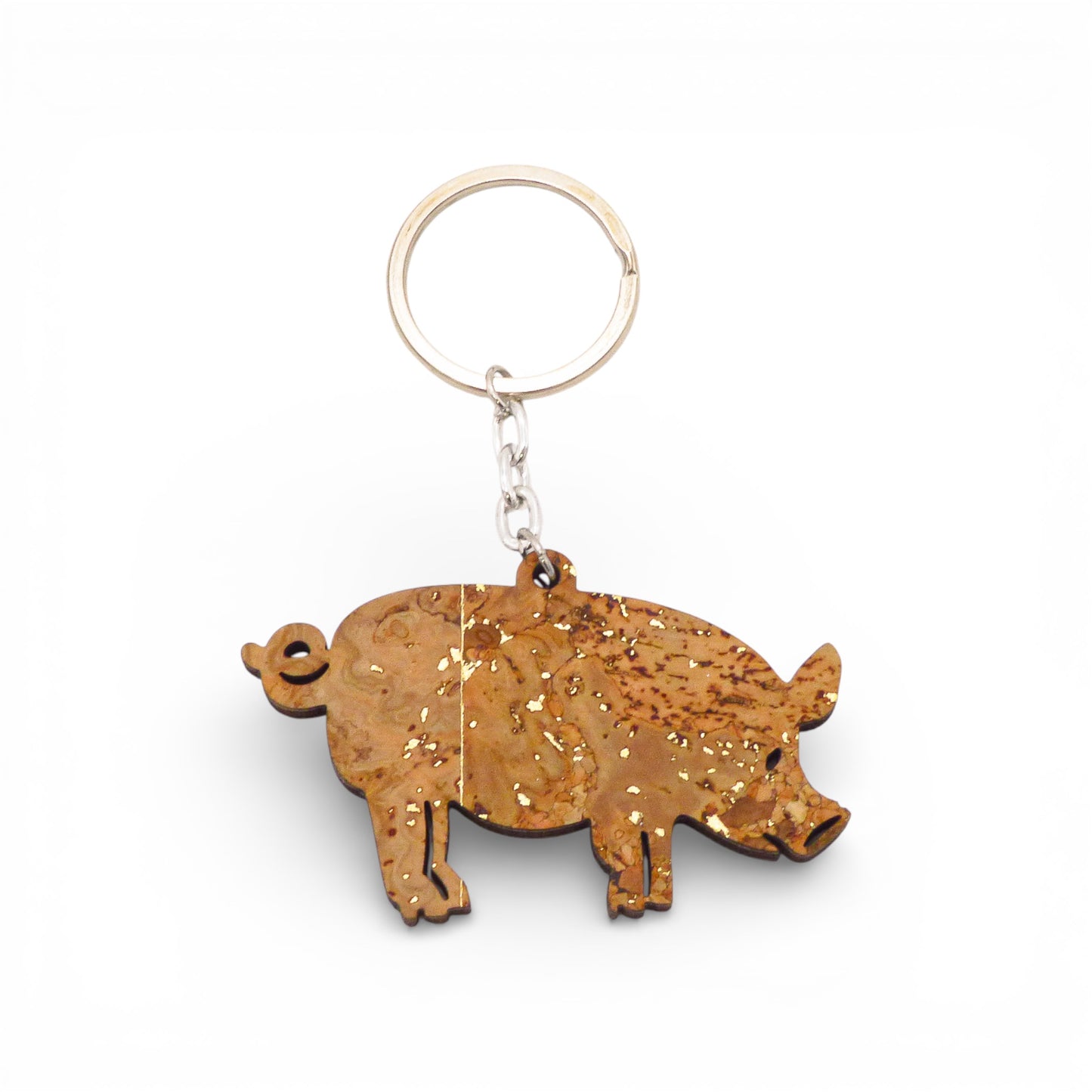 Porte-clés en liège naturel de Cork Colors avec un motif de cochon doré et un anneau authentique.