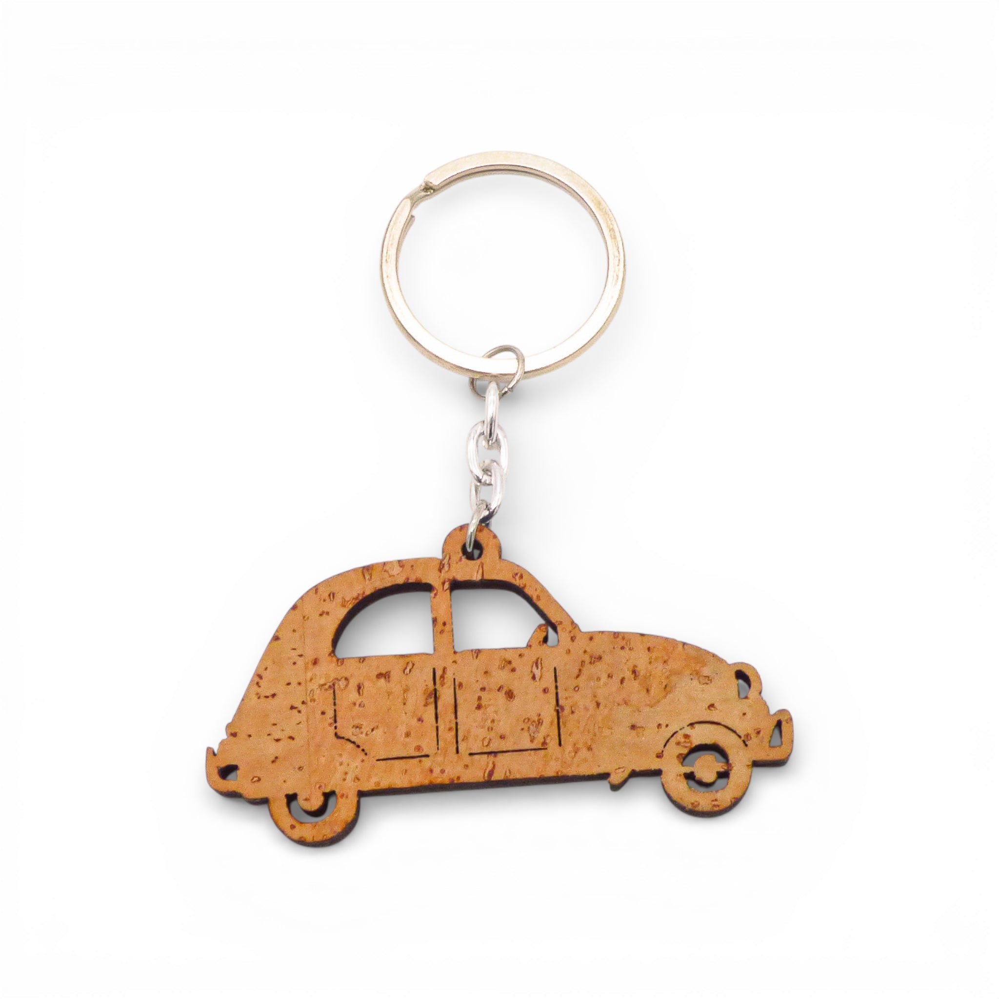 Porte-clés en liège silhouette voiture rétro — Cork Colors, surface mouchetée, anneau métal, Portugal