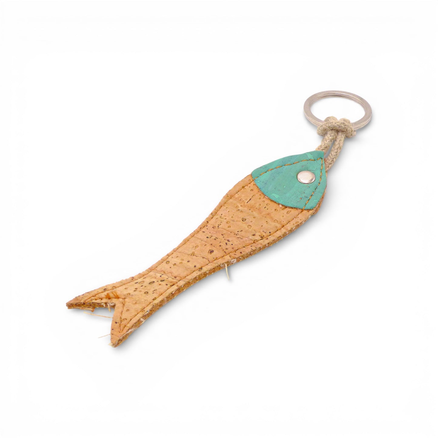 Turquoise sardine-shaped cork keychain by Amador Varum, featuring a seaside vacation vibe and natural design.