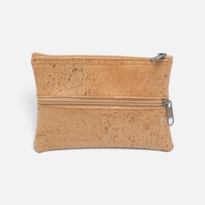 Dos uni d'un petit porte-monnaie en liège, format poche qui se glisse dans un sac