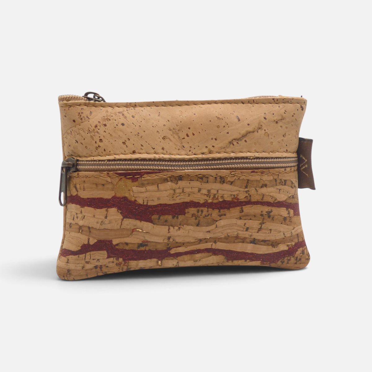 Porte-monnaie double zip en liège motif Magma, strates rouges et sable