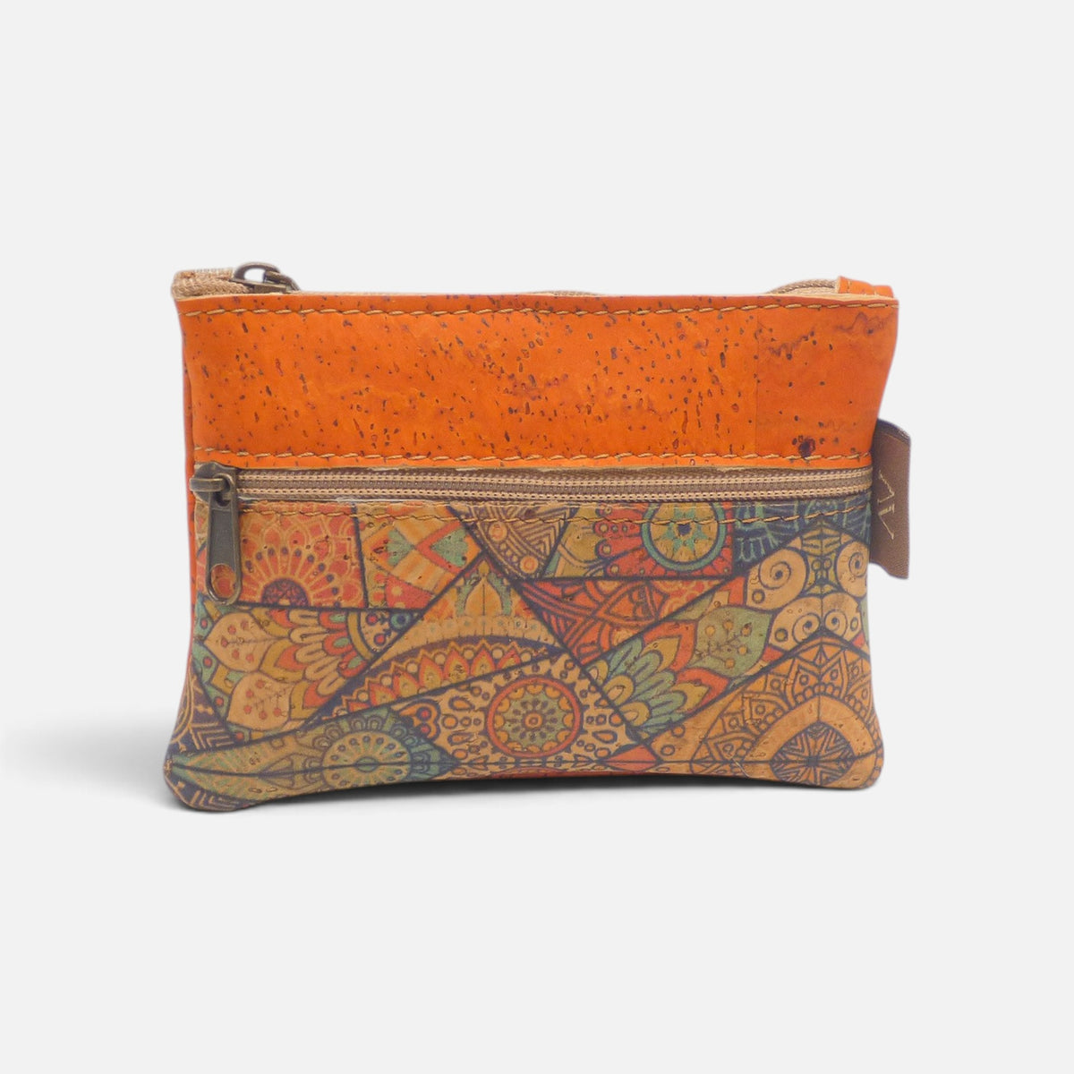 Porte-monnaie en liège à mandalas orange et bleus, haut orange vif