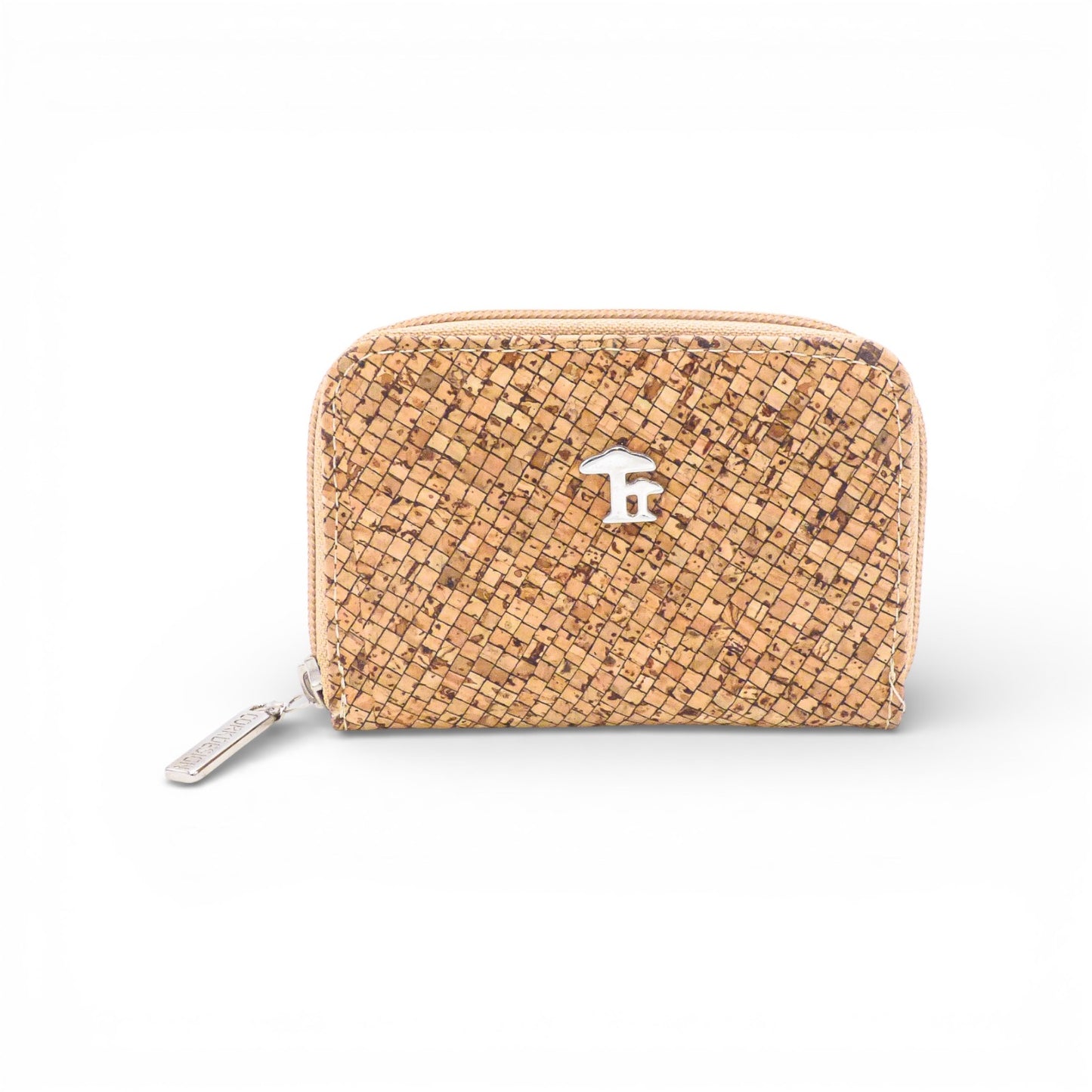 Compact zippered wallet in cork design by Cork Design, showcasing a natural texture and artisan craftsmanship.
