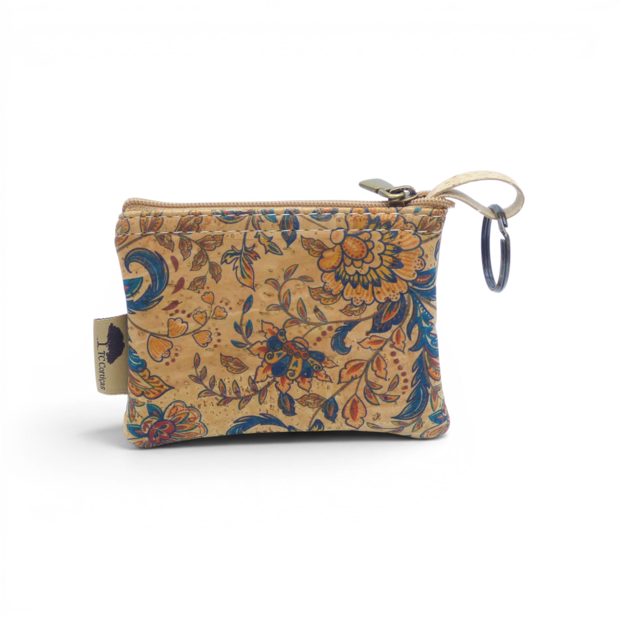 Porte-monnaie zippé liège bleu et orange, motif fleur bohème, cadeau accessoire écolo femme