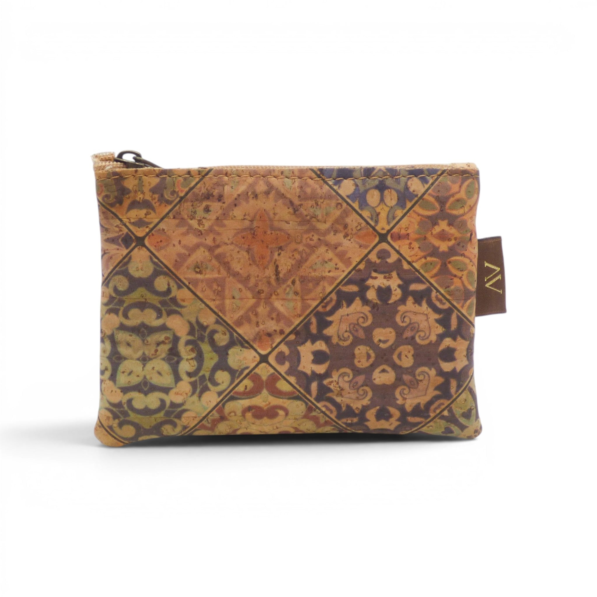 Porte-monnaie liège motif géométrique bleu doré, accessoire femme vegan original artisanal