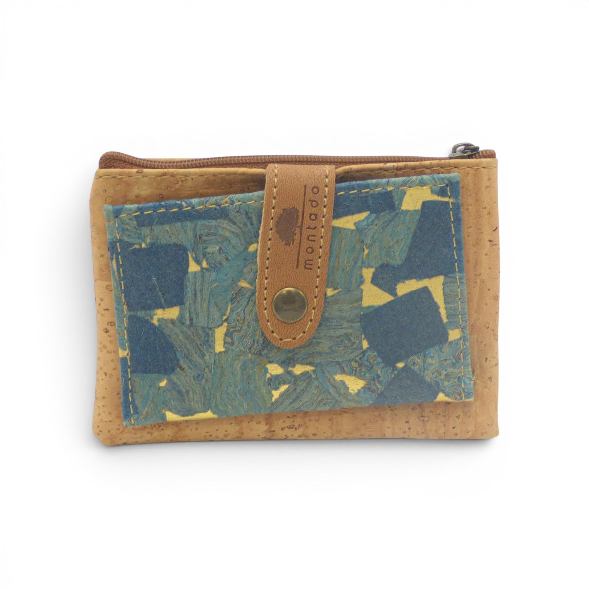 Porte-monnaie liège patchwork bleu jaune, coloré pratique sécurisé