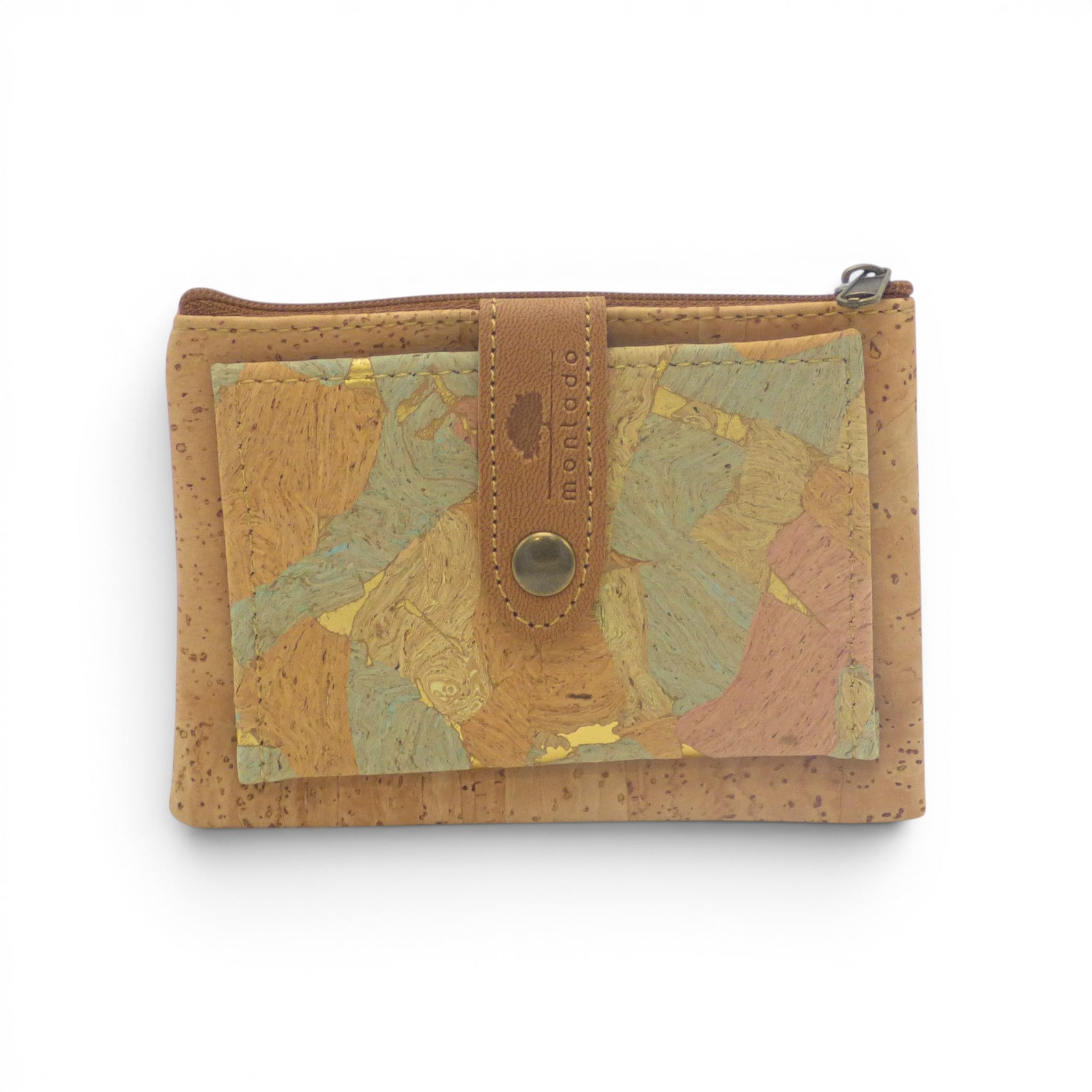 Porte-monnaie liège patchwork pastel, palette douce tons chauds