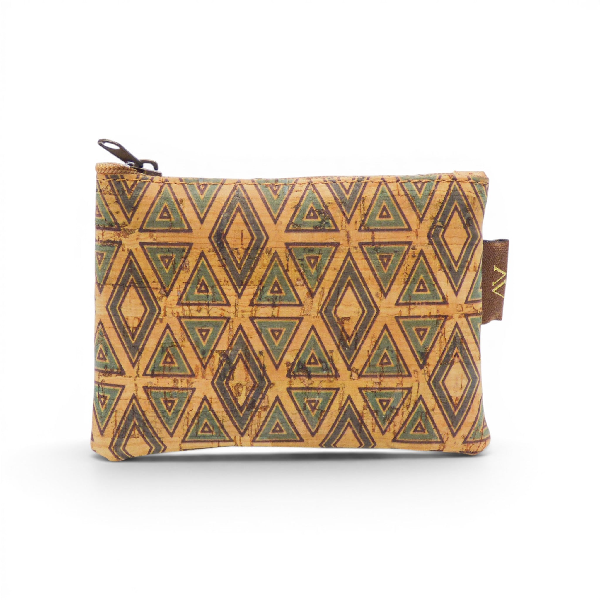 Porte-monnaie triangles geometriques verts beige marron