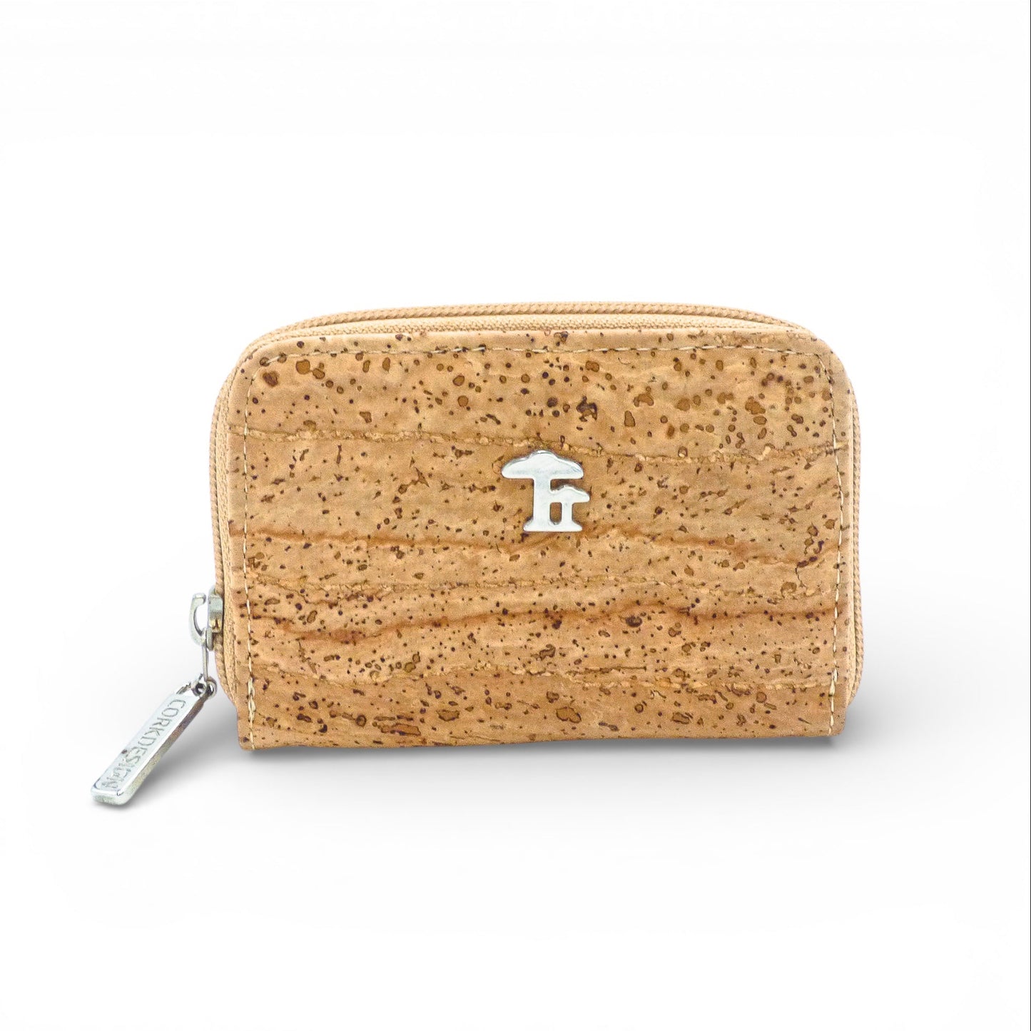 Compact zippered wallet in cork design, featuring an organic artisanal look, from Cork Design, showcasing natural texture.