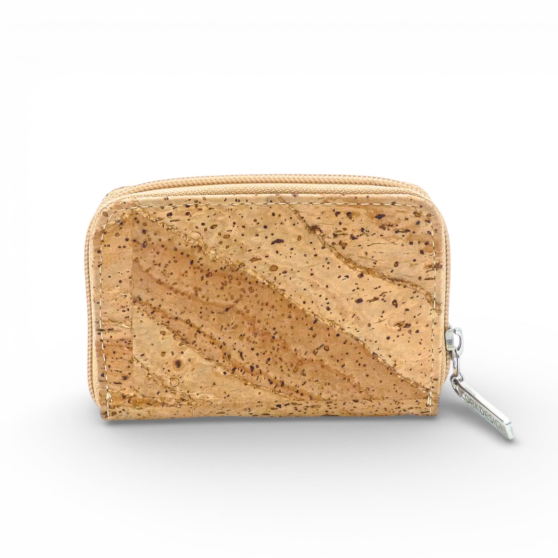 Compact zippered wallet in natural cork design by Cork Design, showcasing a chic bohemian style.