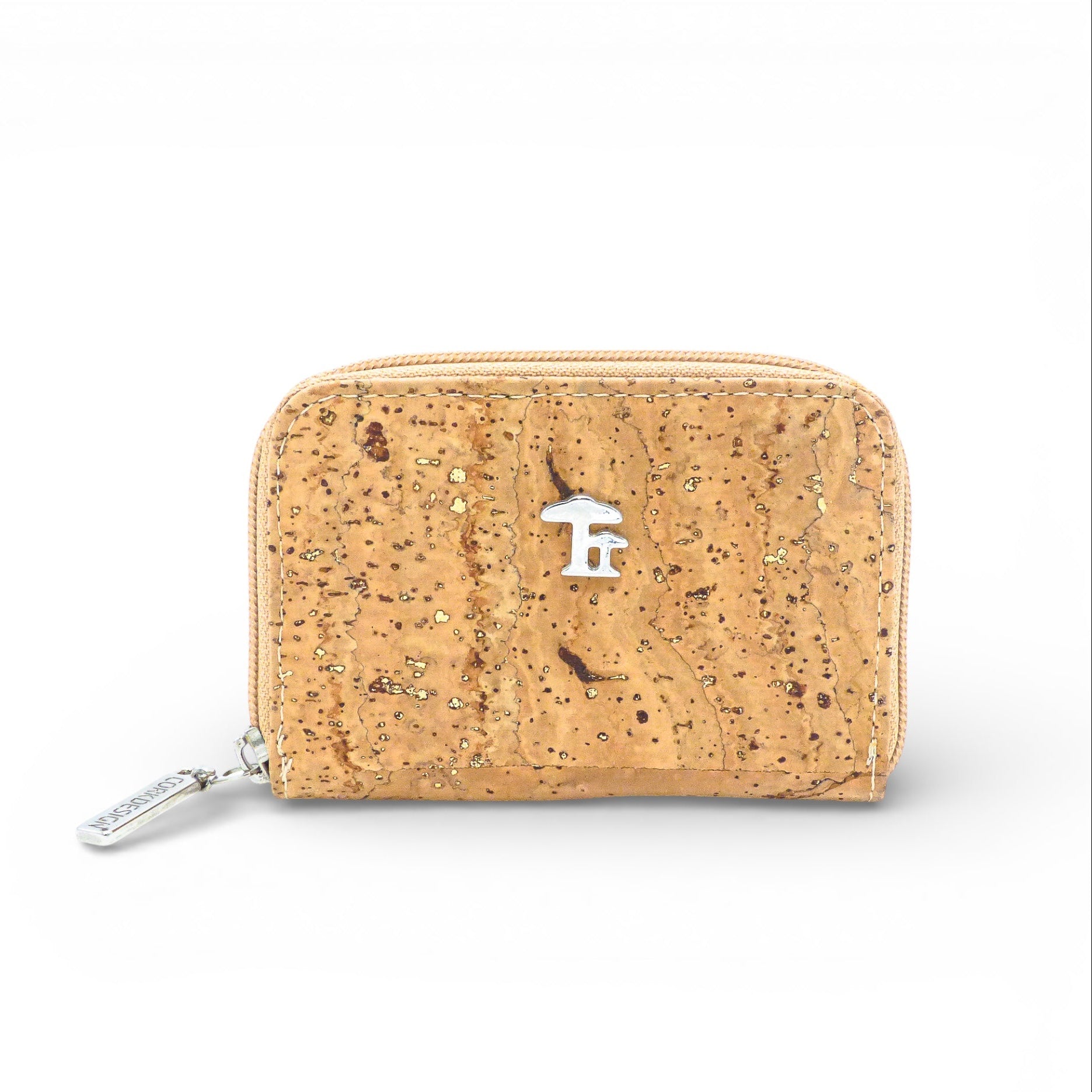 Compact zippered wallet in natural cork design by Cork Design, featuring a secure zipper and durable construction.