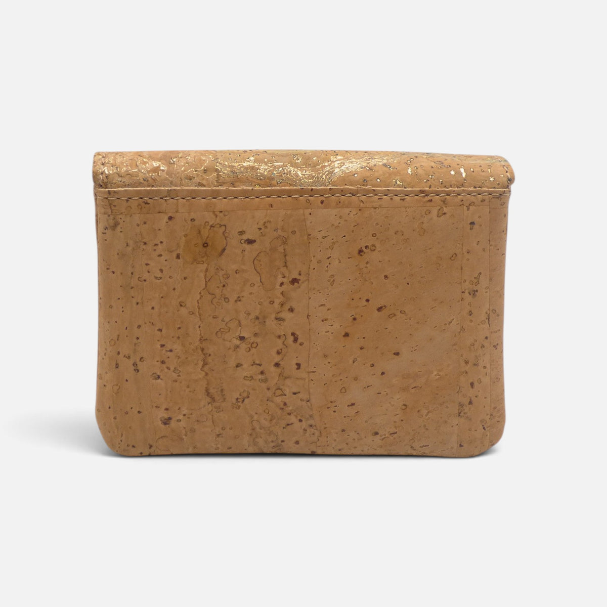 Dessus d'un porte-monnaie à rabat en liège marbré, couture fine et grain visible