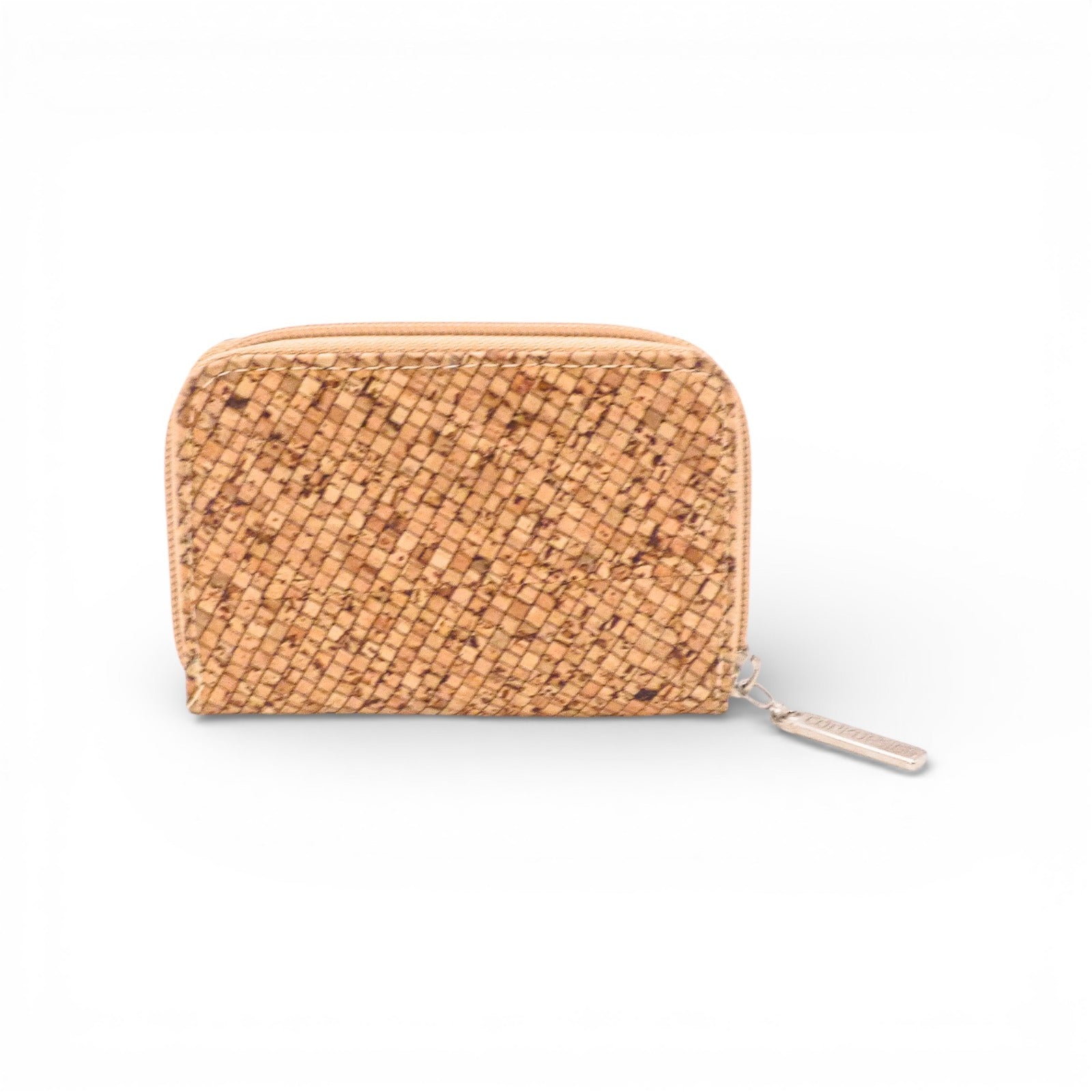 Compact zippered wallet in cork design by Cork Design, showcasing eco-friendly texture and natural elements.