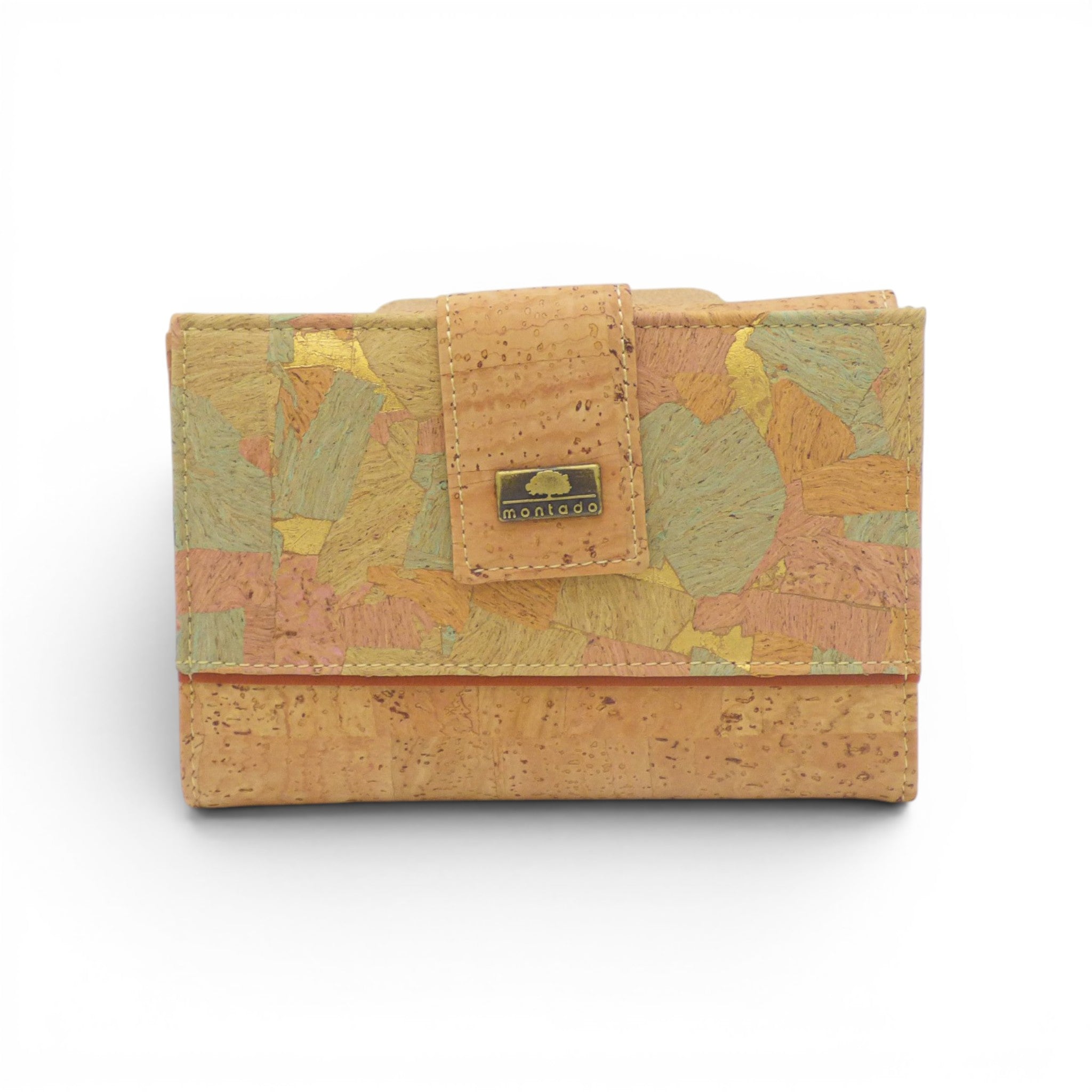 Portefeuille compact patchwork vert rose orange, taille poche