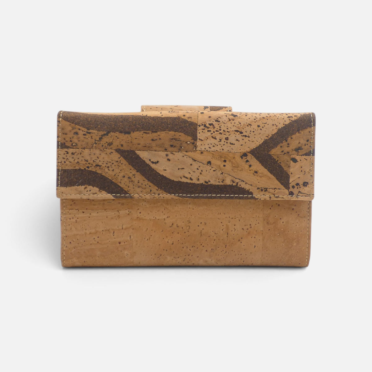 Grand portefeuille femme en liège motif Antilope, rayures brunes sur le rabat