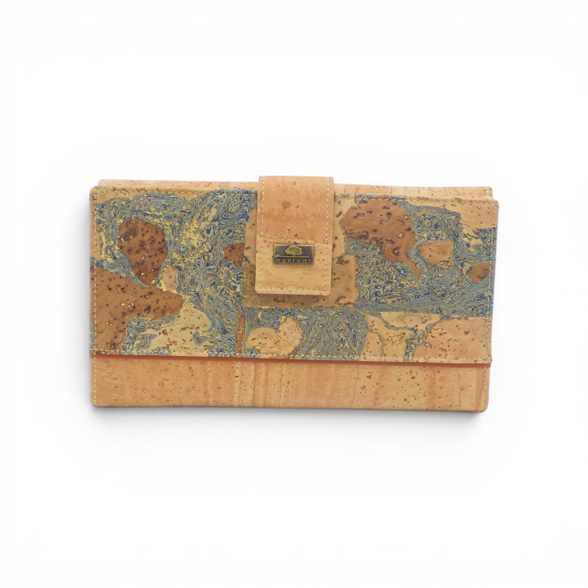 Portefeuille texture marbre bleu marron doré, poche zippée