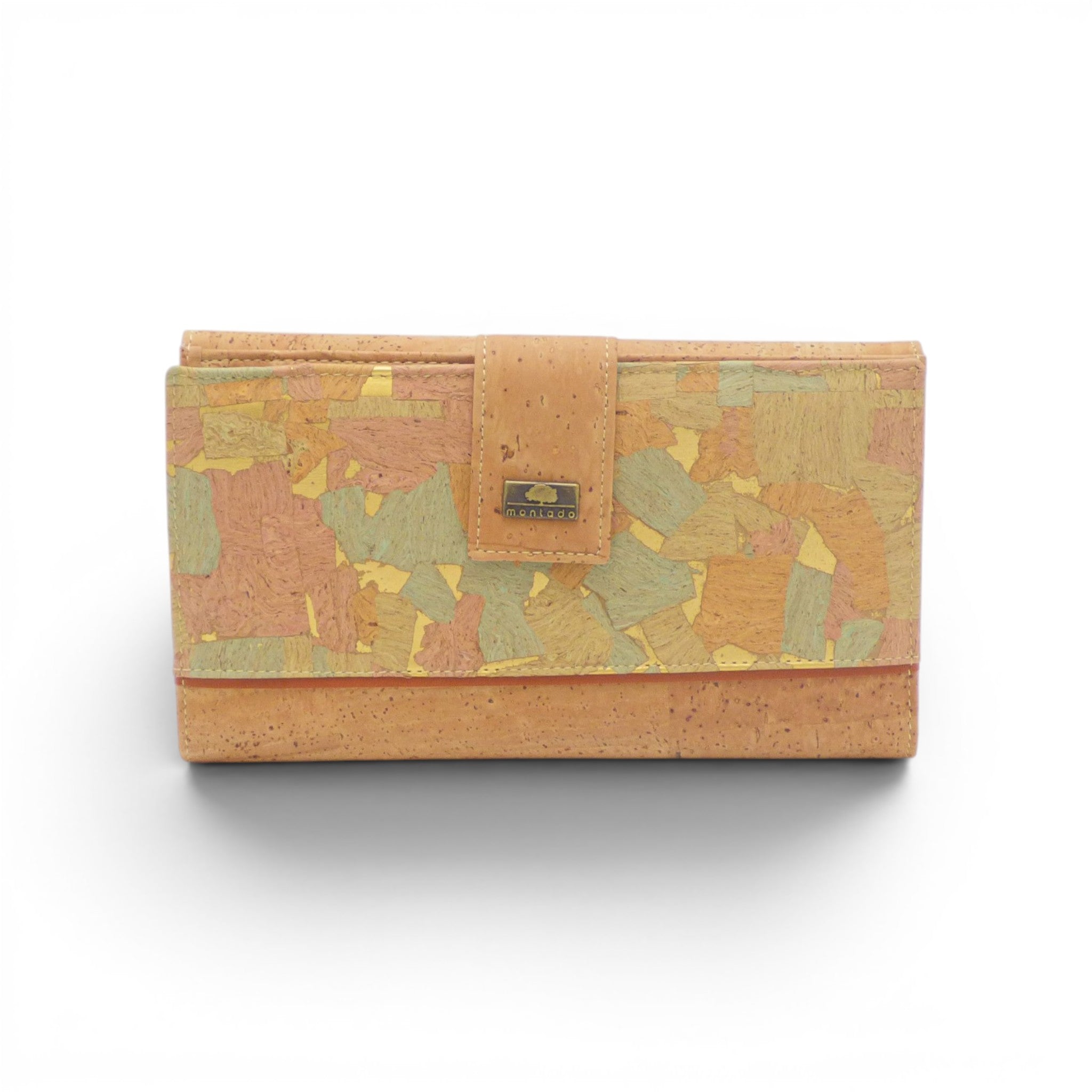 Portefeuille patchwork pastel rose vert orange, format long