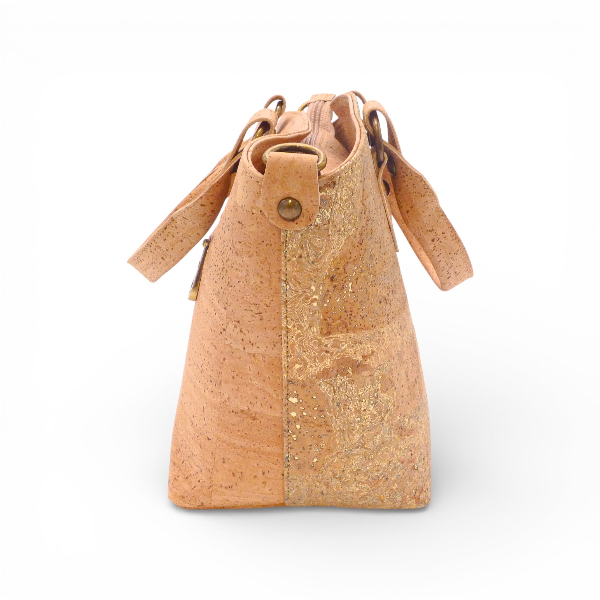 Profil du sac Trapèze en liège bicolore naturel et pailleté or — Montado, anses, Portugal